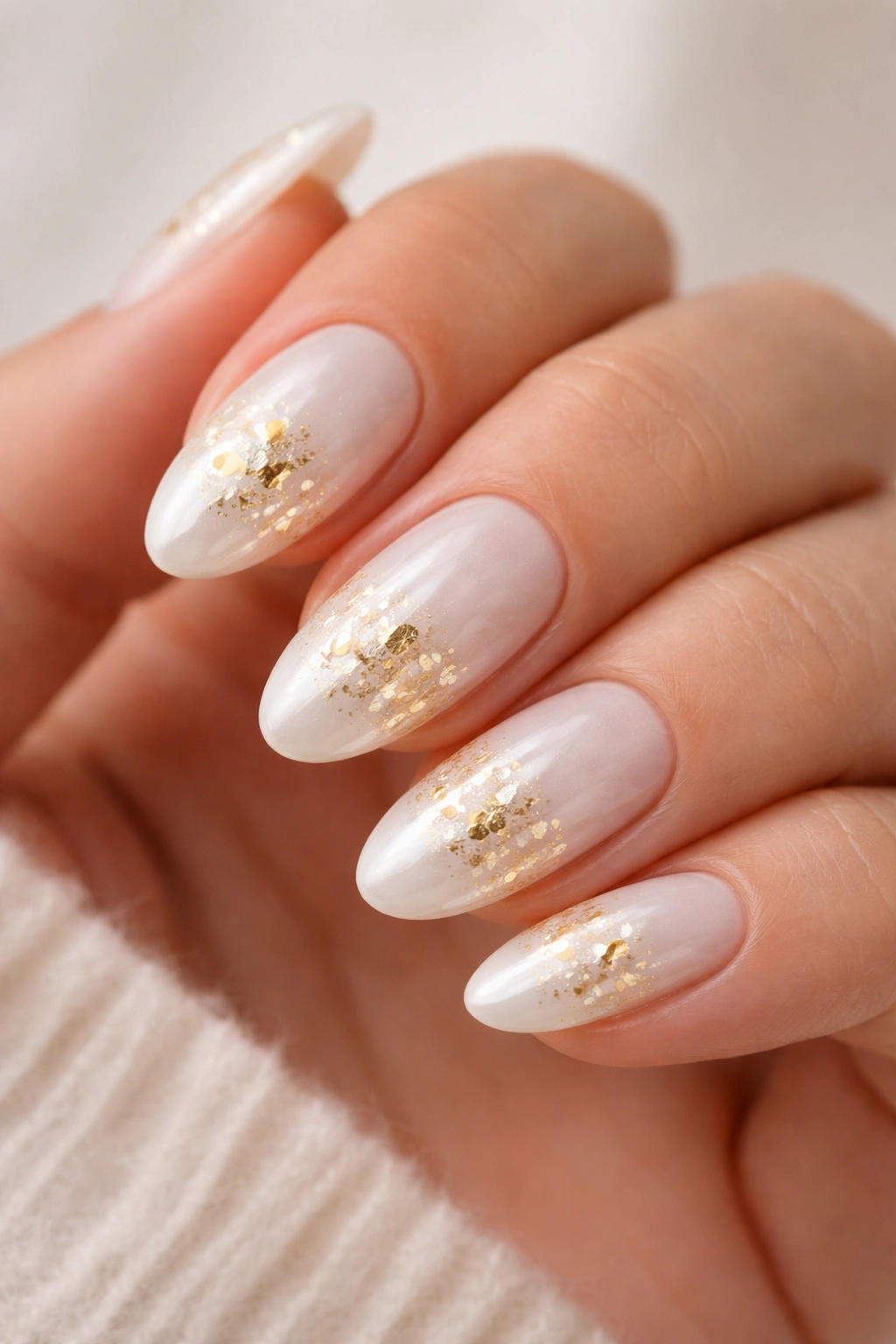 Pearl white almond nails with subtle gold foil flecks