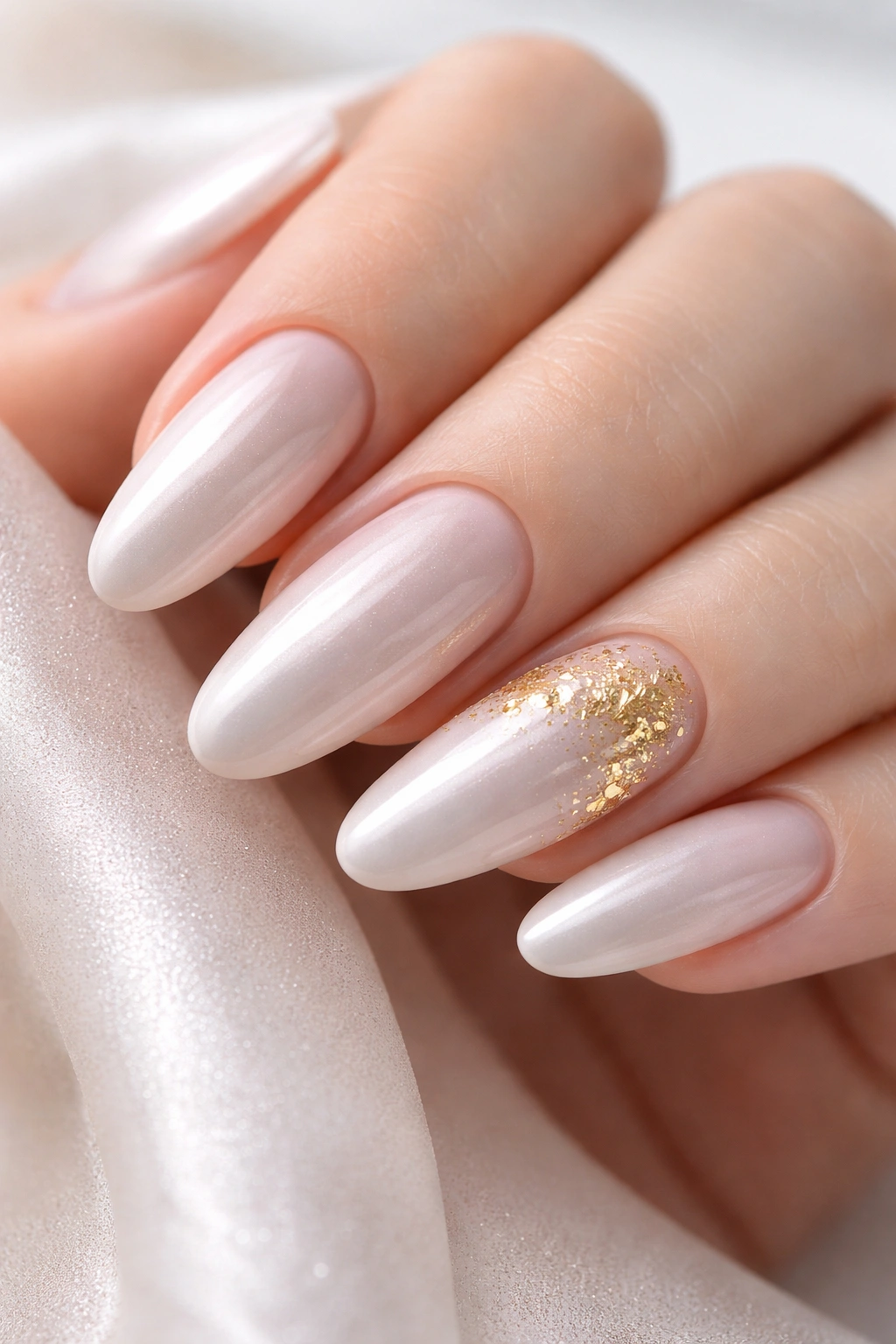Close-up of long oval nails with soft pearl base and gold leaf accents