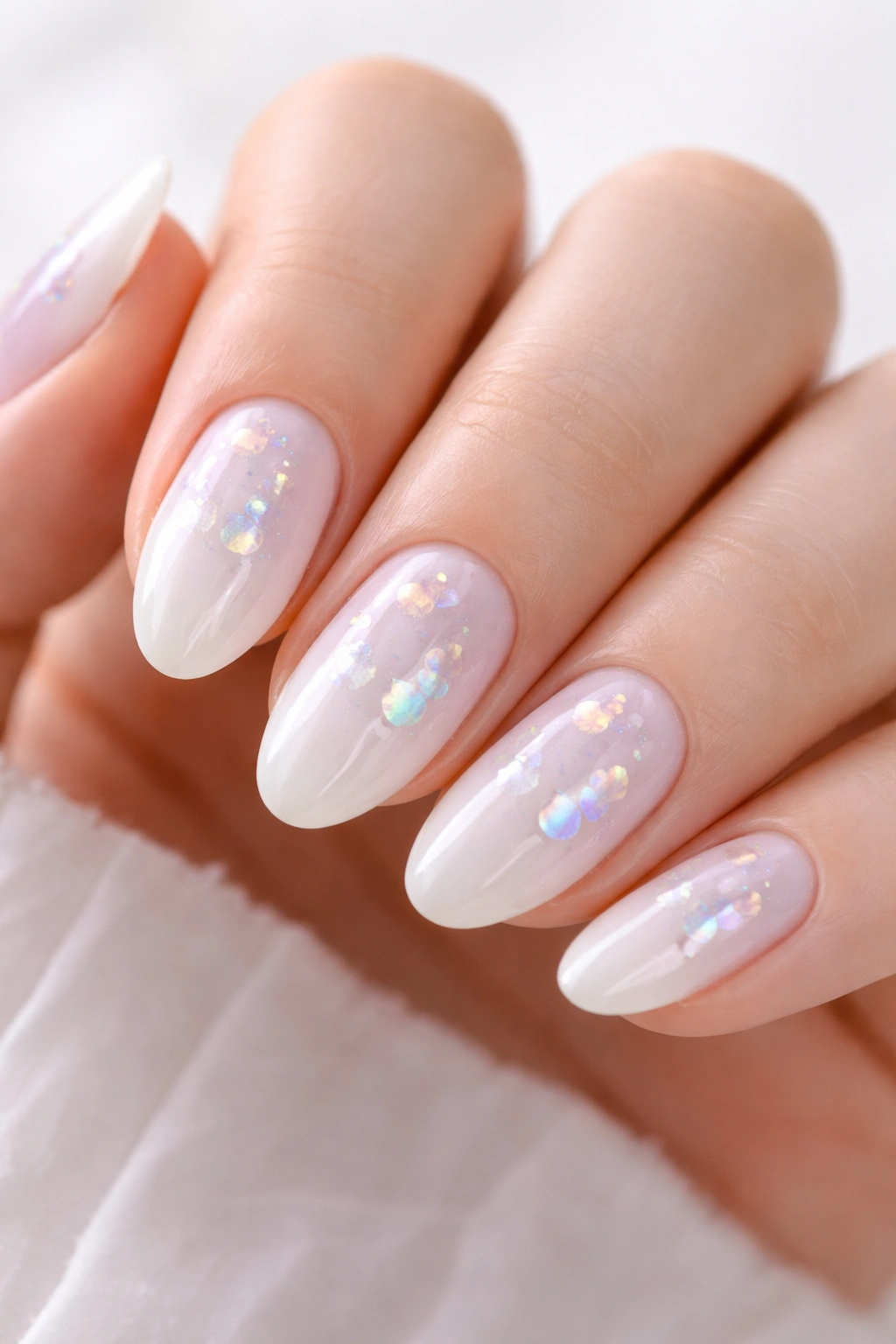 Close-up of white pearl nails with iridescent butterfly flakes showing color shifts