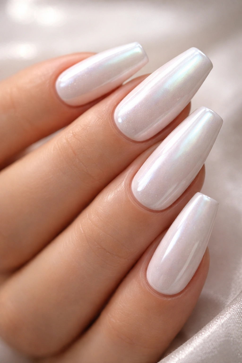 Coffin nails with pearlescent white and iridescent finish
