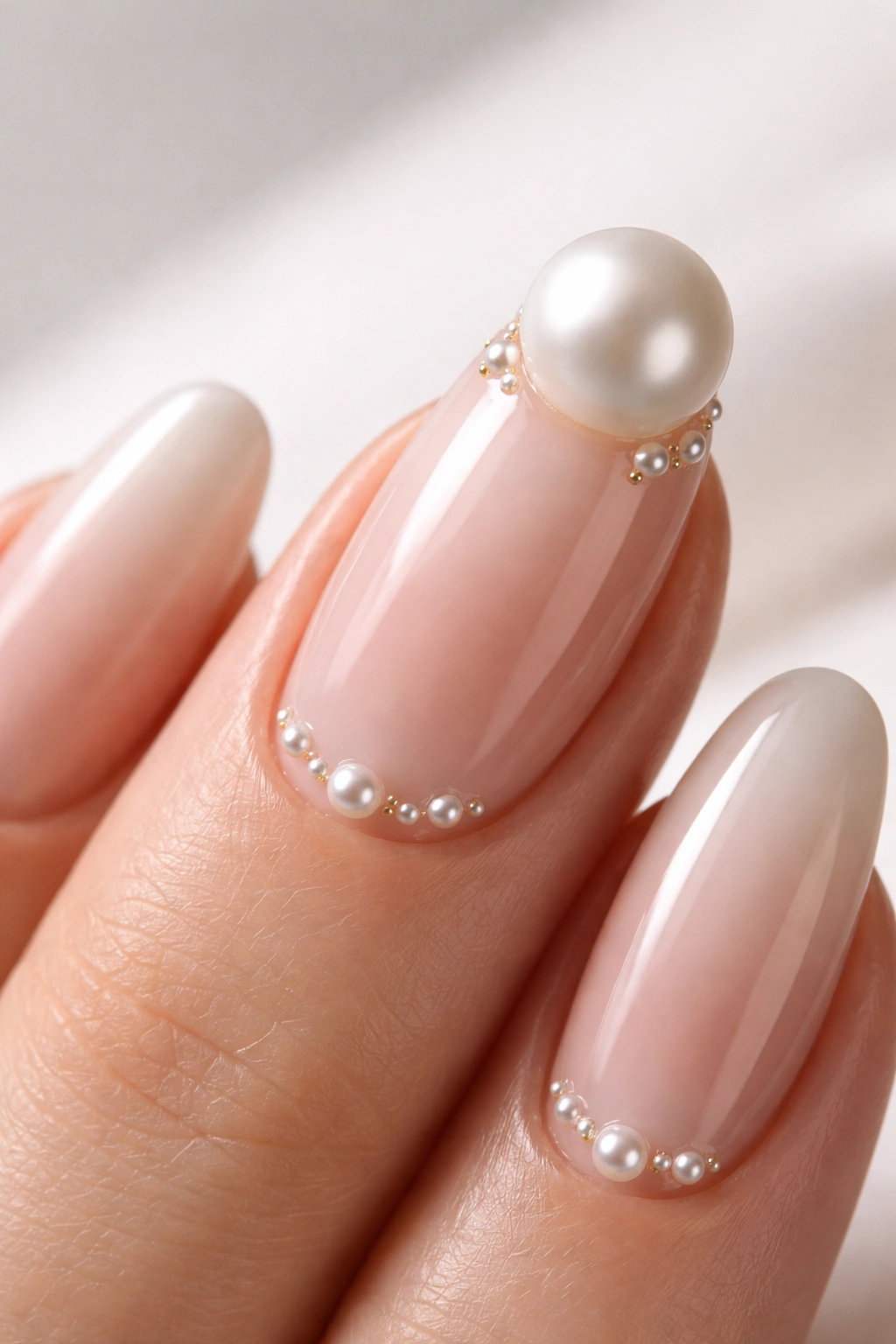 Nude nail with a large pearl on the tip and subtle smaller pearls