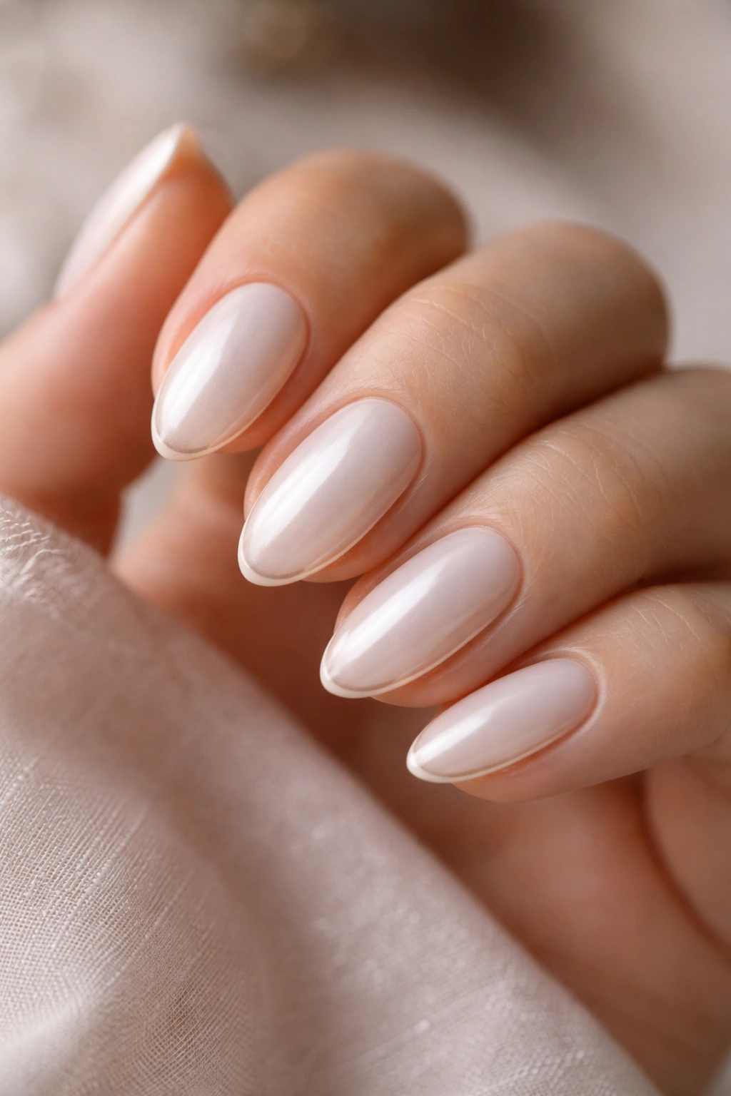 Short almond nails with white pearl center and nude beige outline