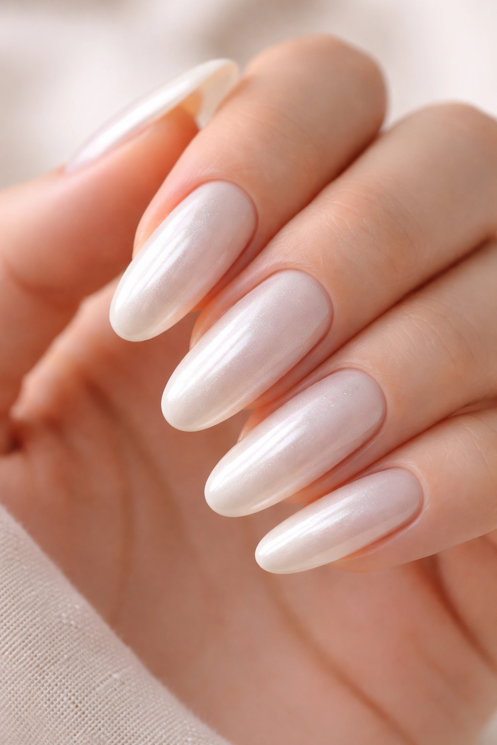 Close-up of white pearl long oval nails with iridescent sheen