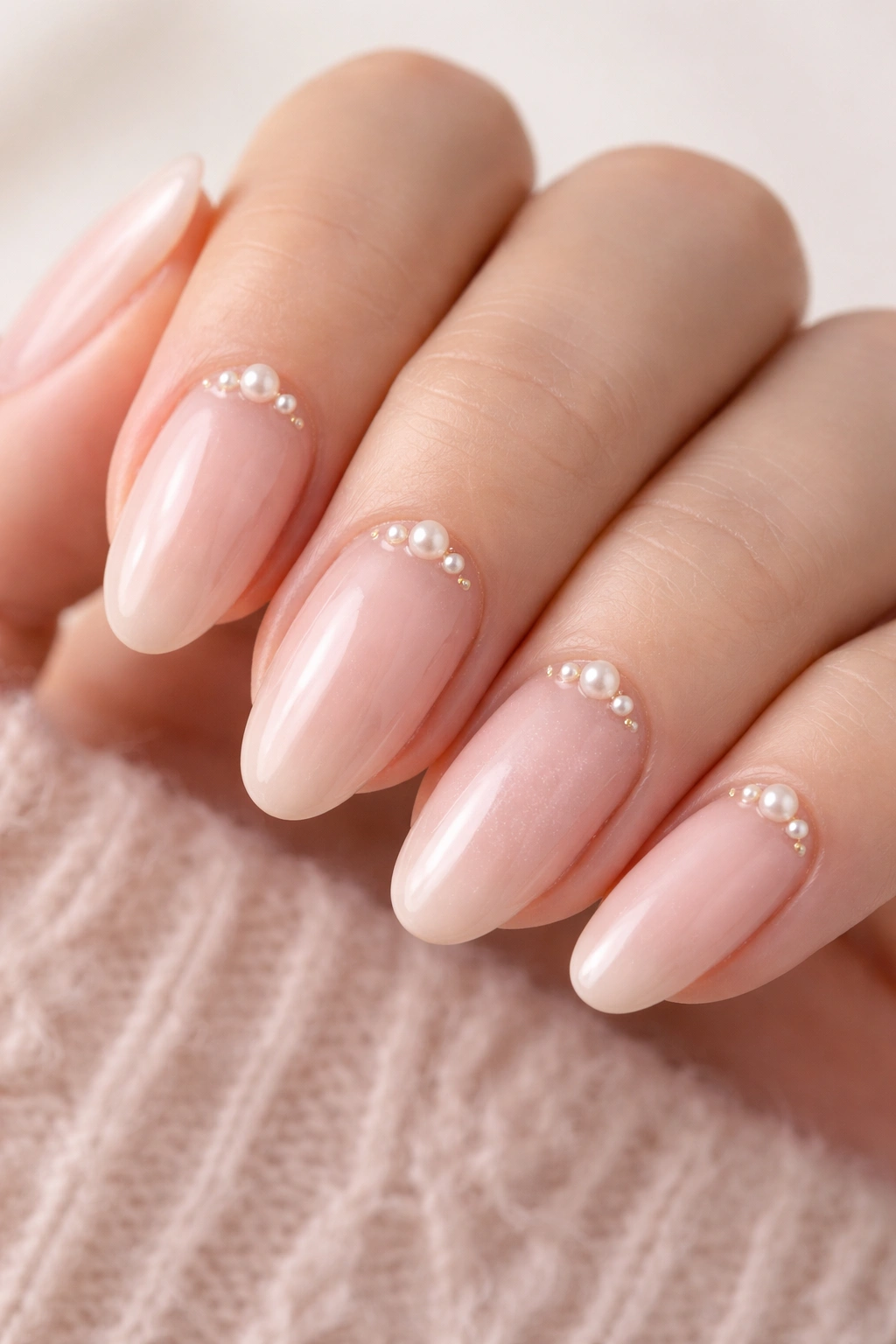 Nails with tiny pearl accents on nude base in elegant, restrained design