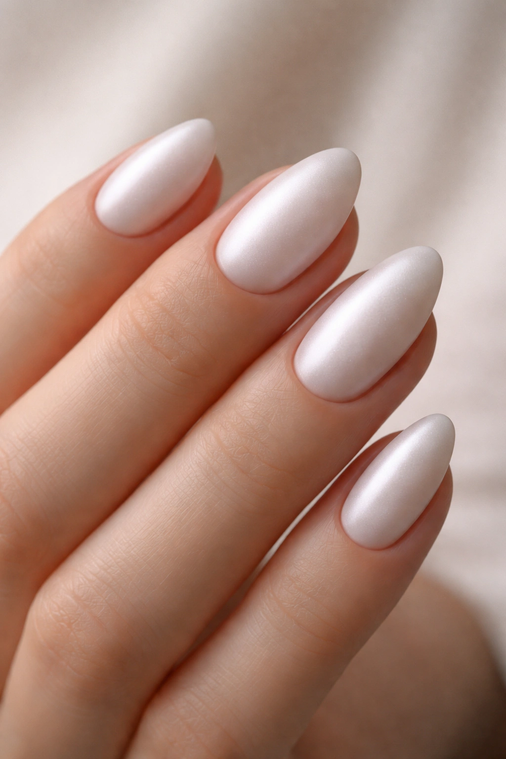 Matte satin pearl almond nails on short nails