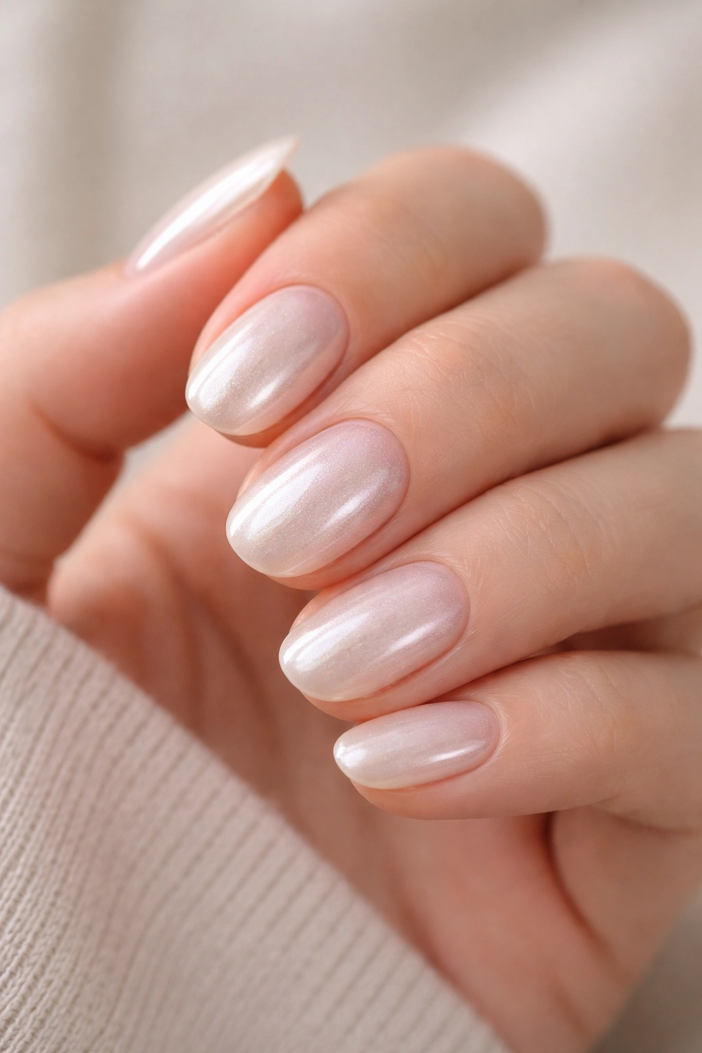Close-up of pearl short oval press-on nails with pearlescent finish