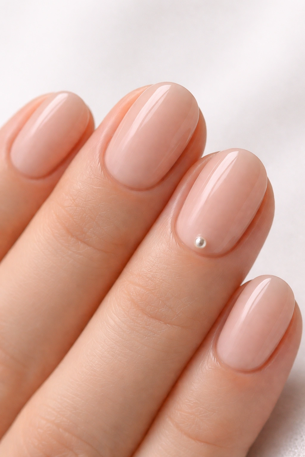 Short oval nails with a tiny pearl accent near the cuticle