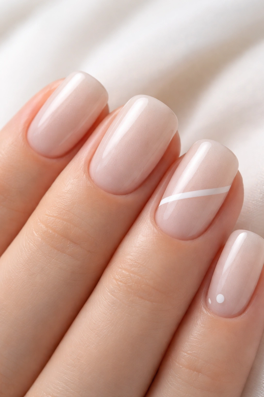 Close-up of short squoval nails with pearl nude base and tiny matte detail
