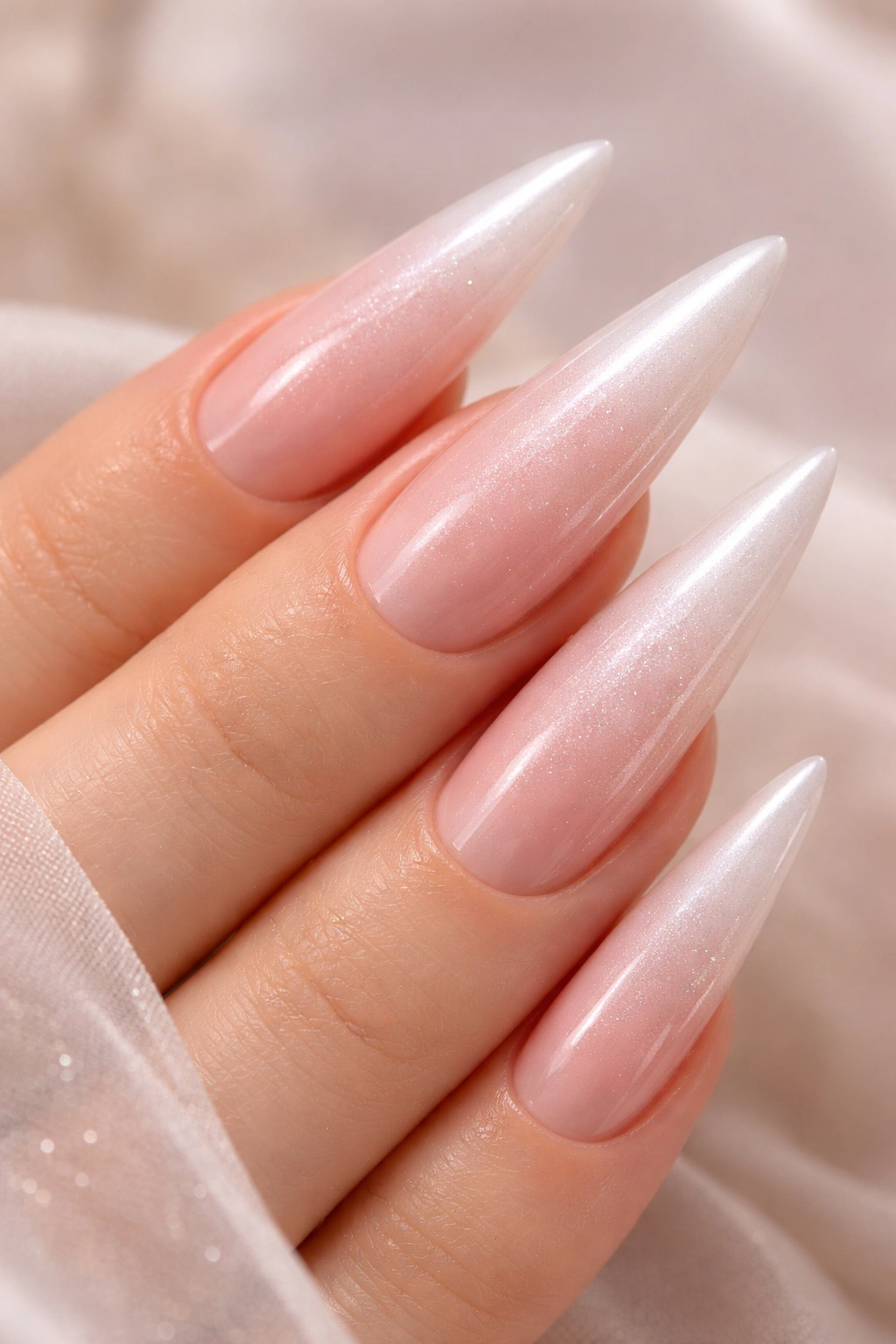 Stiletto nails in blush-to-pearl ombre with pearl accents