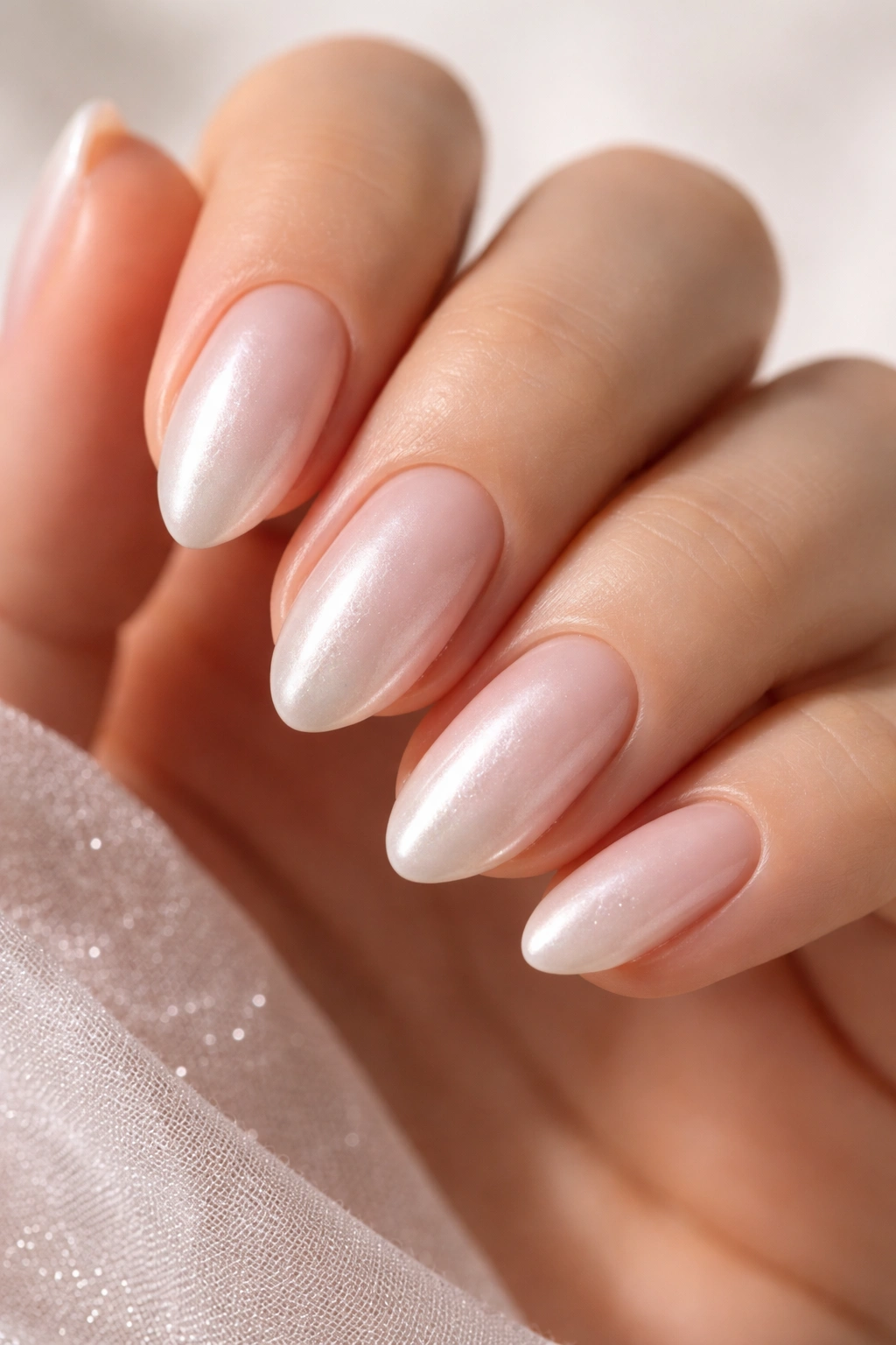 Close-up of short almond nails with pearl ombre and soft shine
