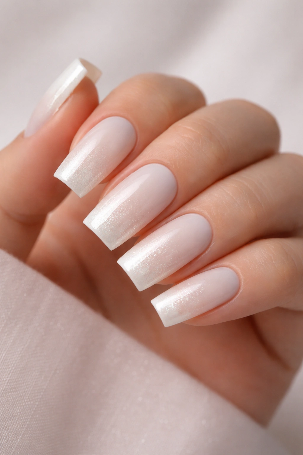 White square nails with pearl ombre gradient.