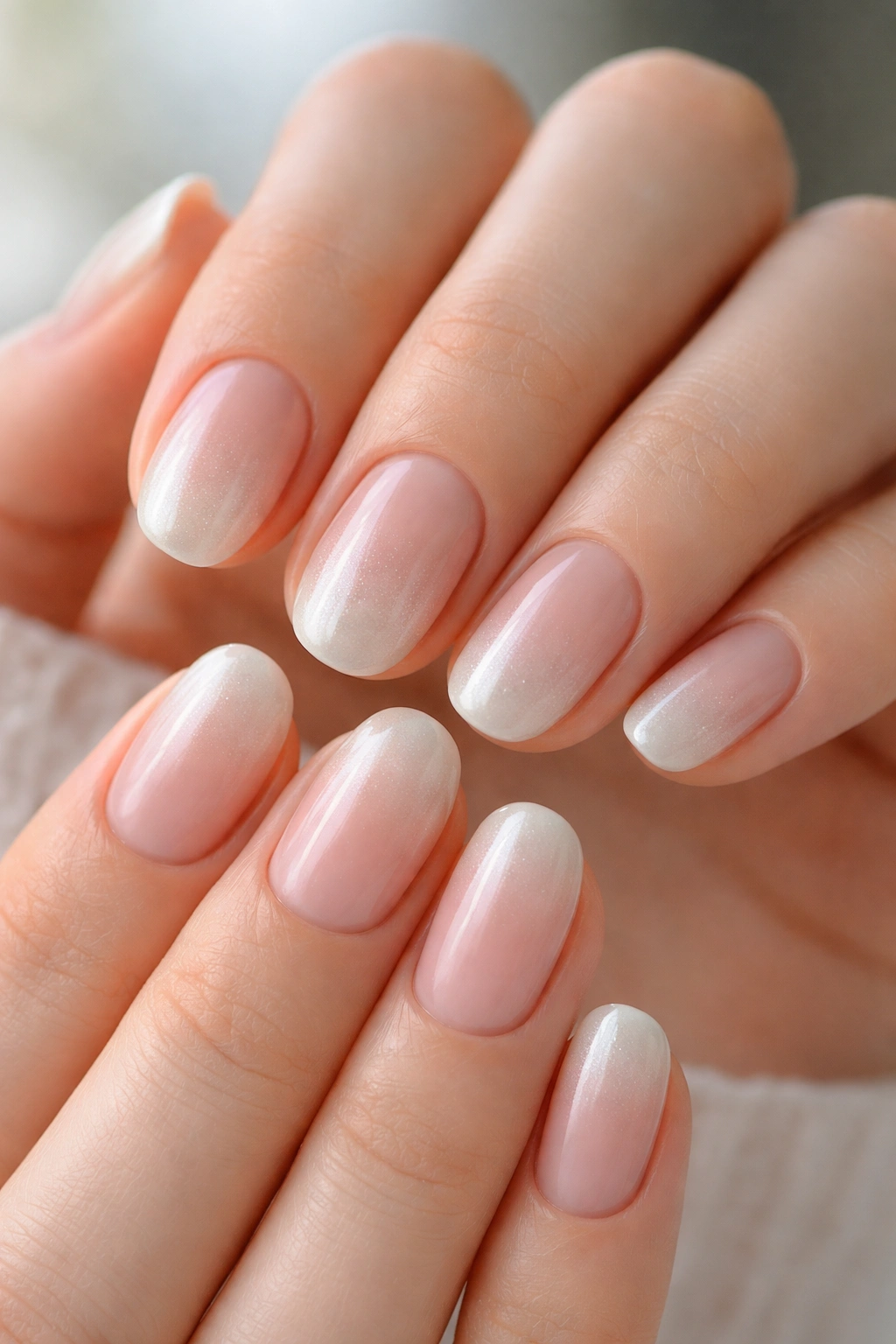 Close-up of pearl-tipped nude ombré short oval nails