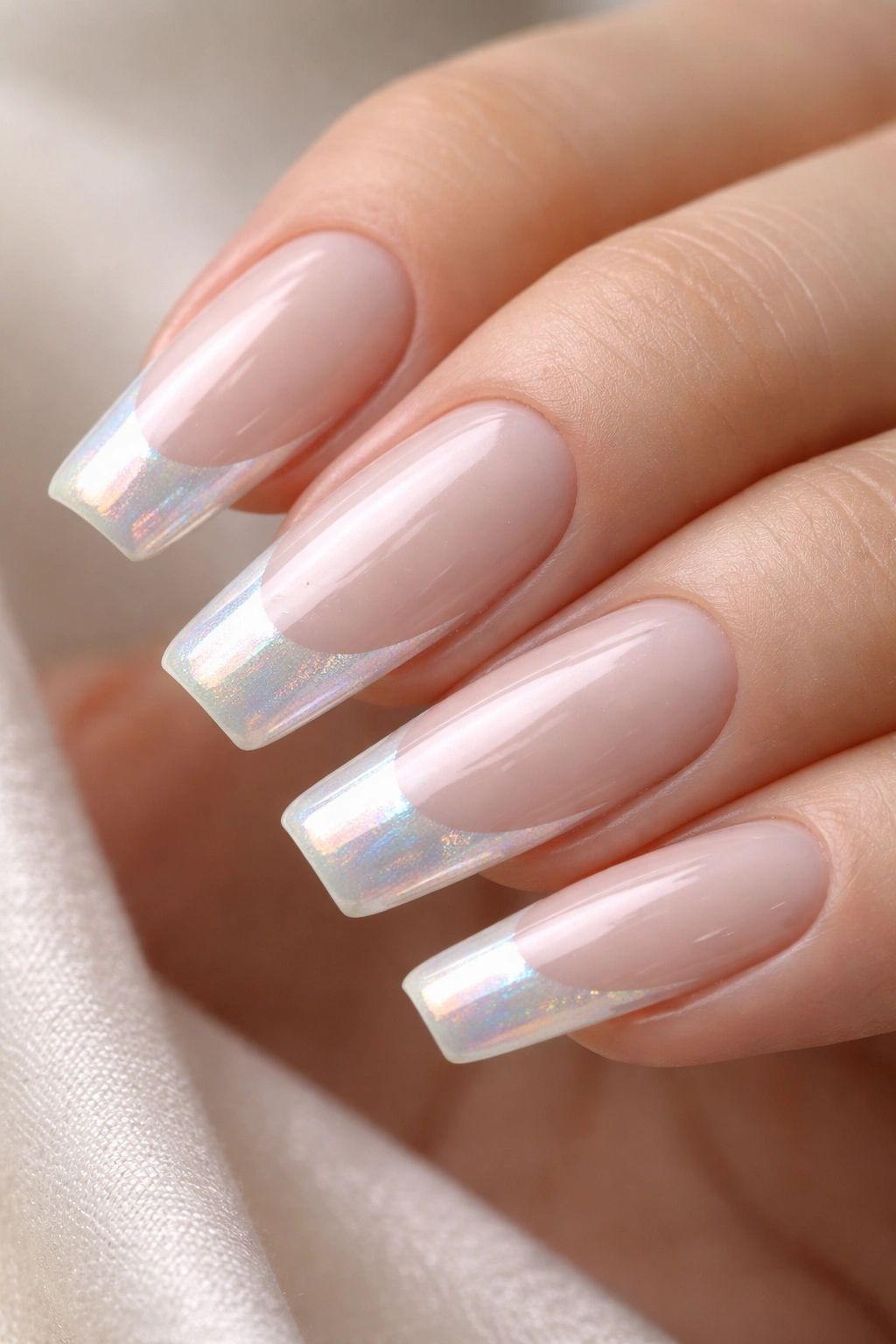 Close-up of pearl and opal iridescent tips on medium coffin nails
