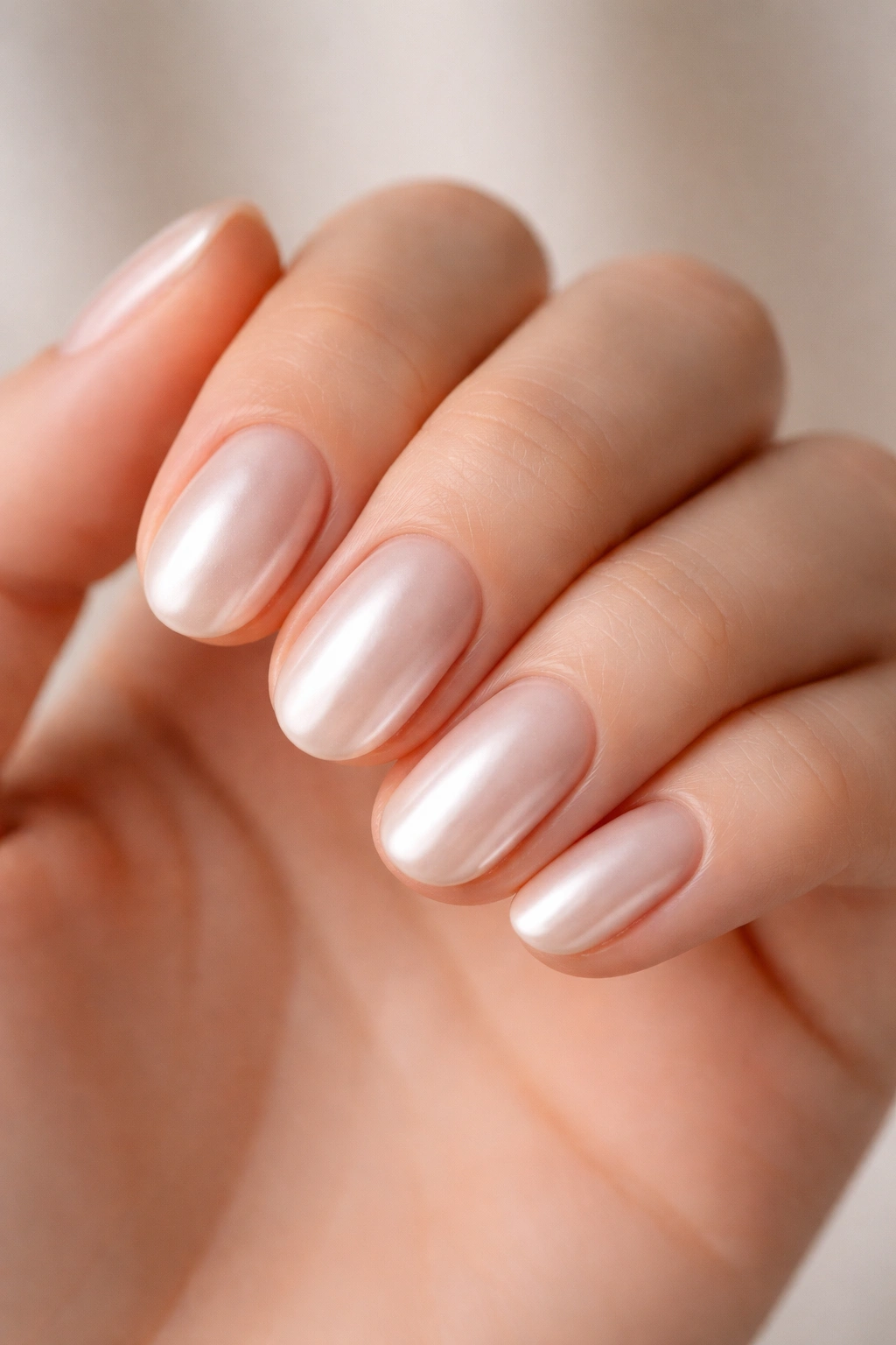 Close-up of natural short oval nails with full pearl overlay and luminous finish