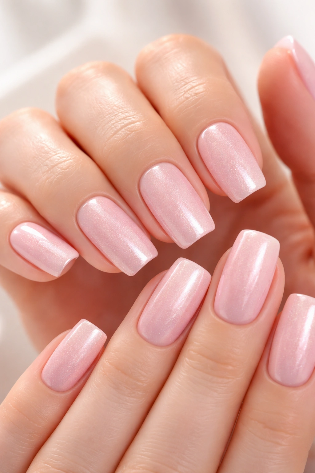 Close-up of hands with pearl pink shimmer square nails