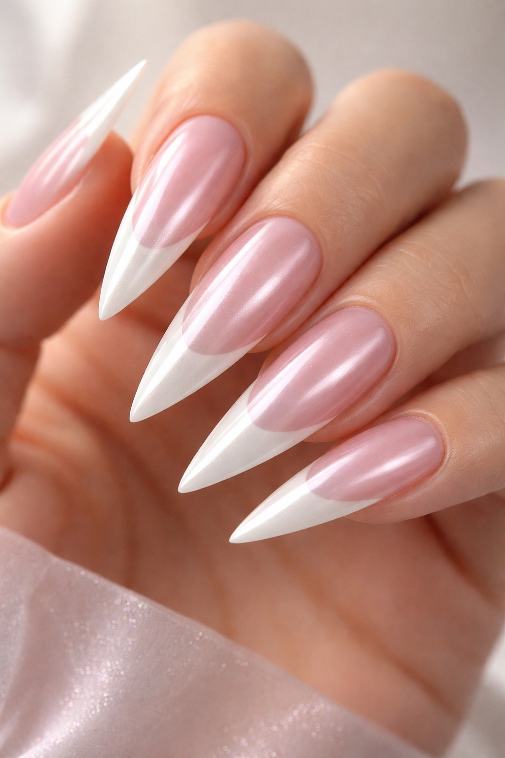 Close-up of pearl finish pink and white stiletto nails with iridescent shimmer