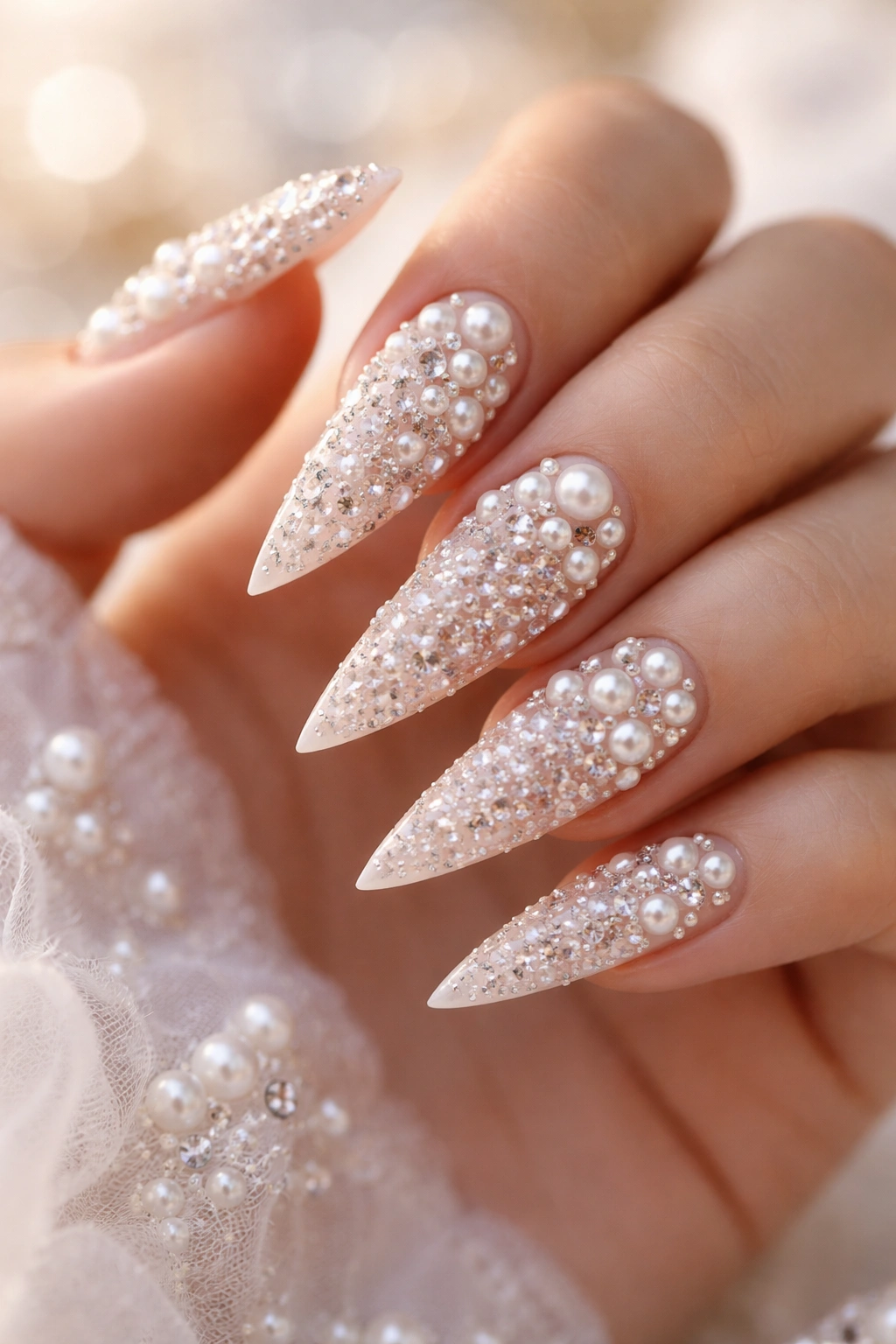 Stiletto nails with dense pearls and rhinestones on a nude base