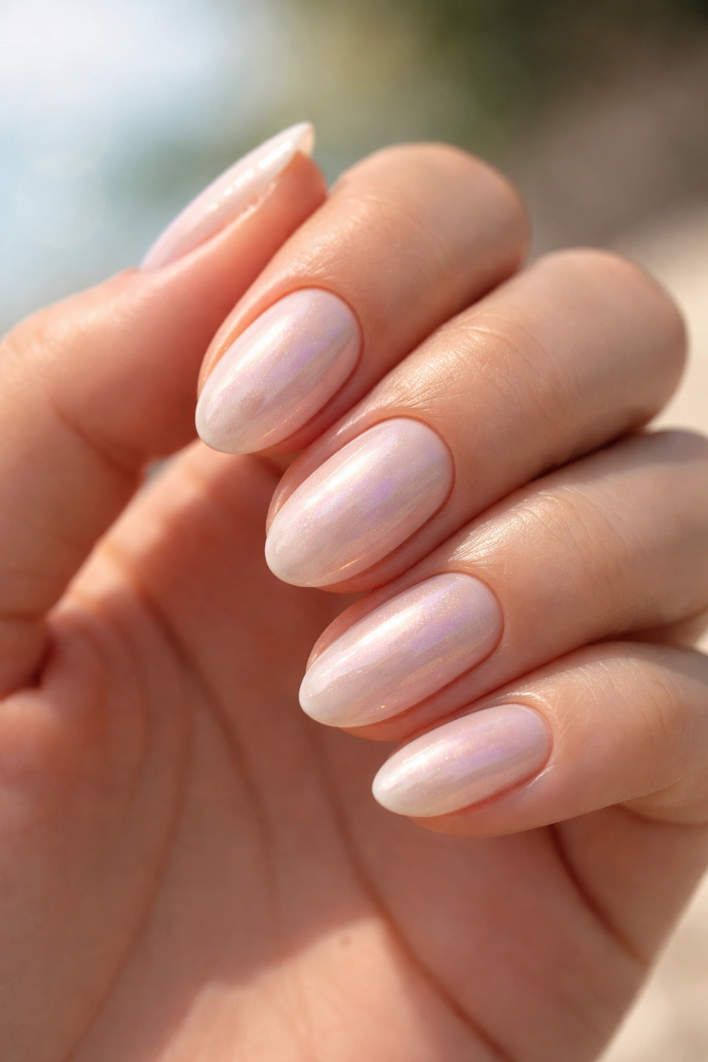 Close-up seashell pearl short almond nails with pearl shimmer