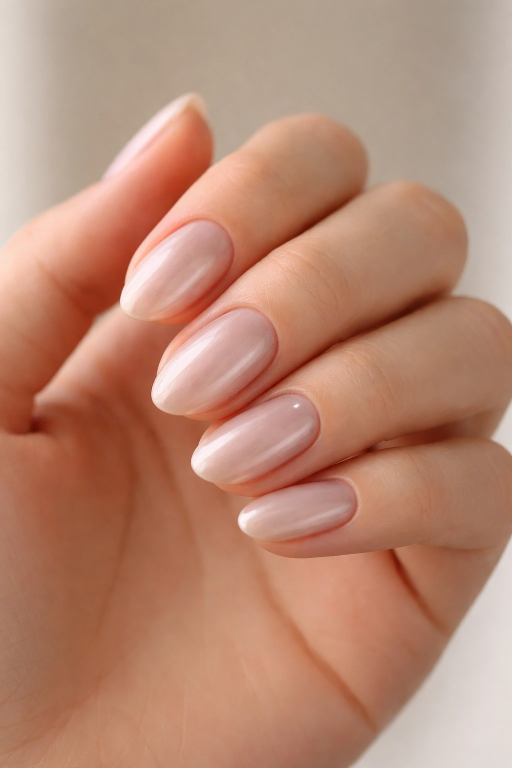 Close-up of short almond nails with pearl sheen nude manicure on a pale hand