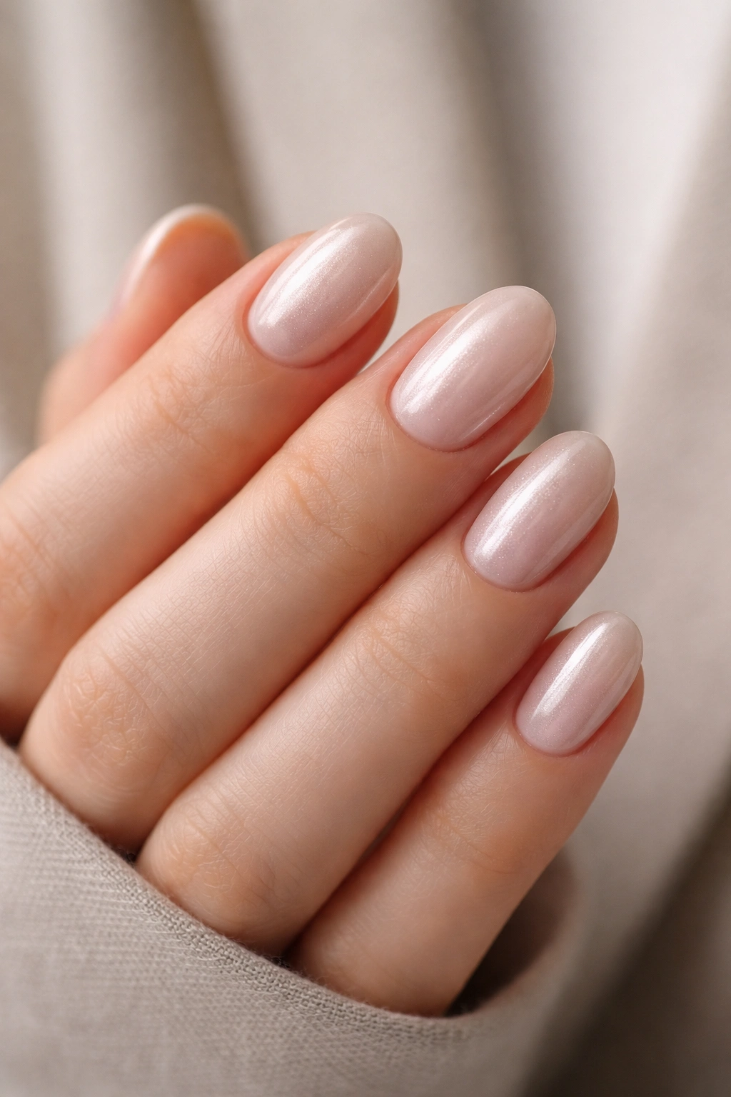 Close-up of short oval nails with a soft pearl sheen on nude base.