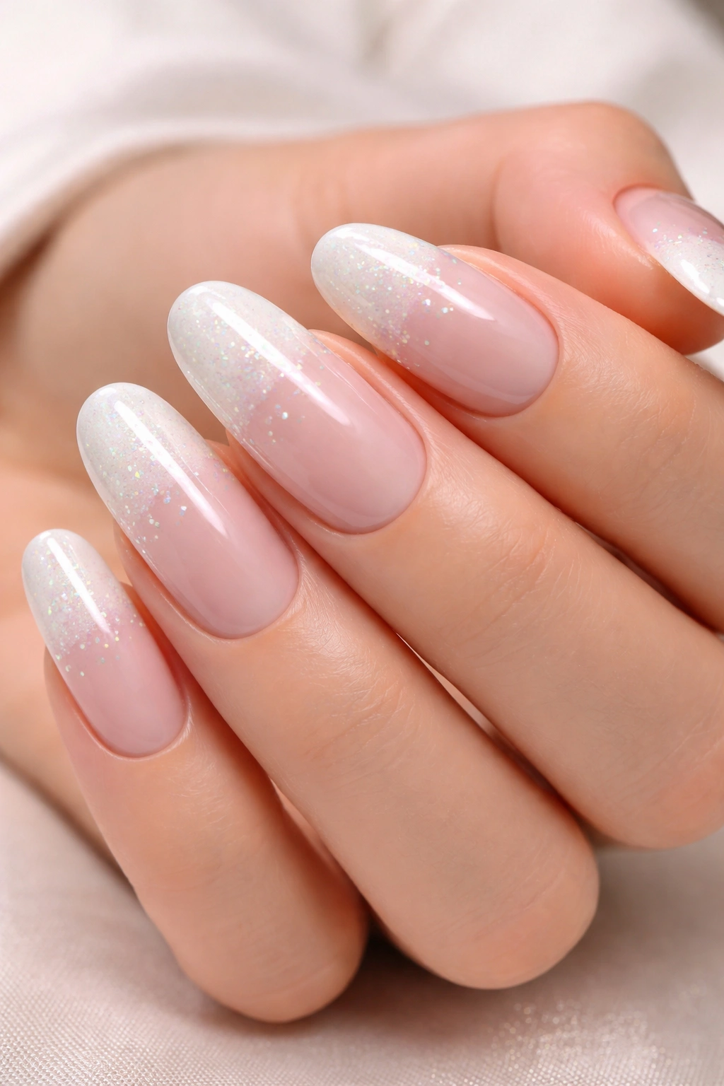 Close-up of long round nails with pearl flecks and iridescent shimmer on the tips