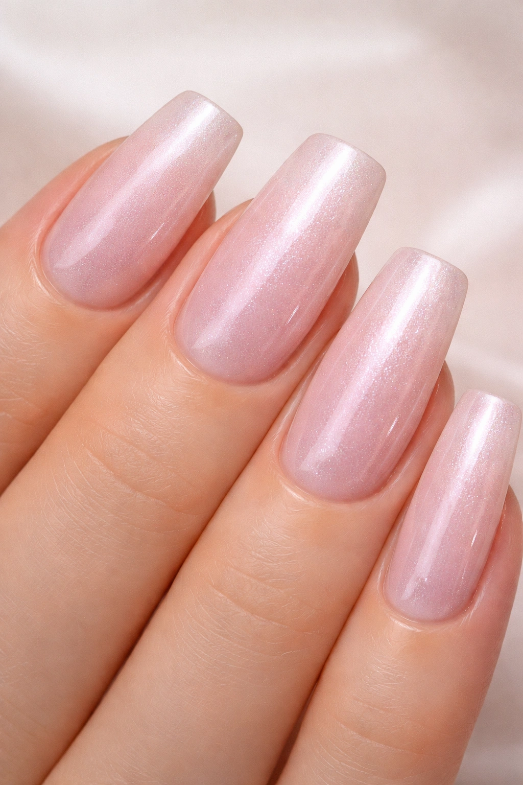 Pale pink nails with pearl shimmer