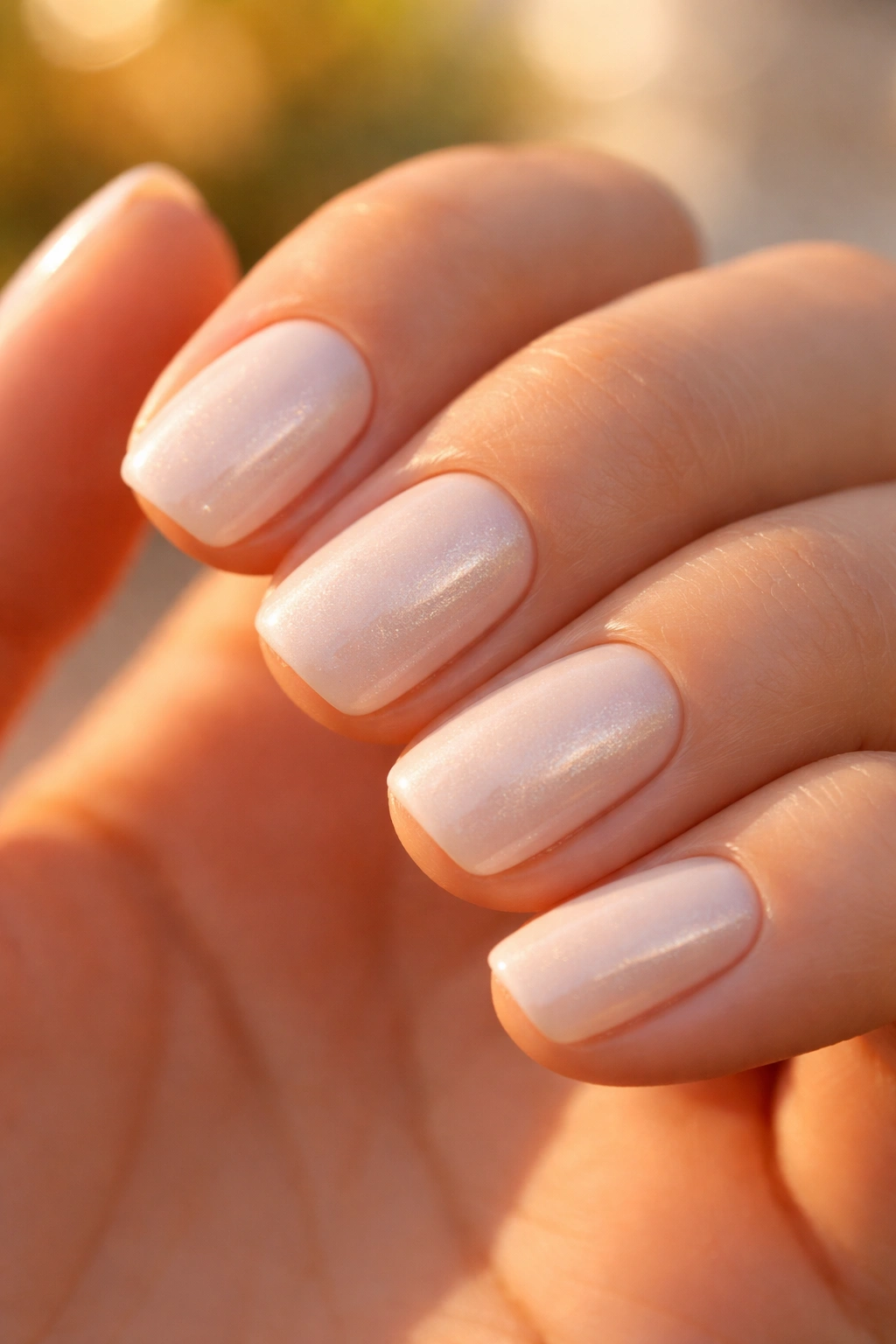 Close-up of short squoval nails in creamy ivory with pearl shimmer catching sunlight