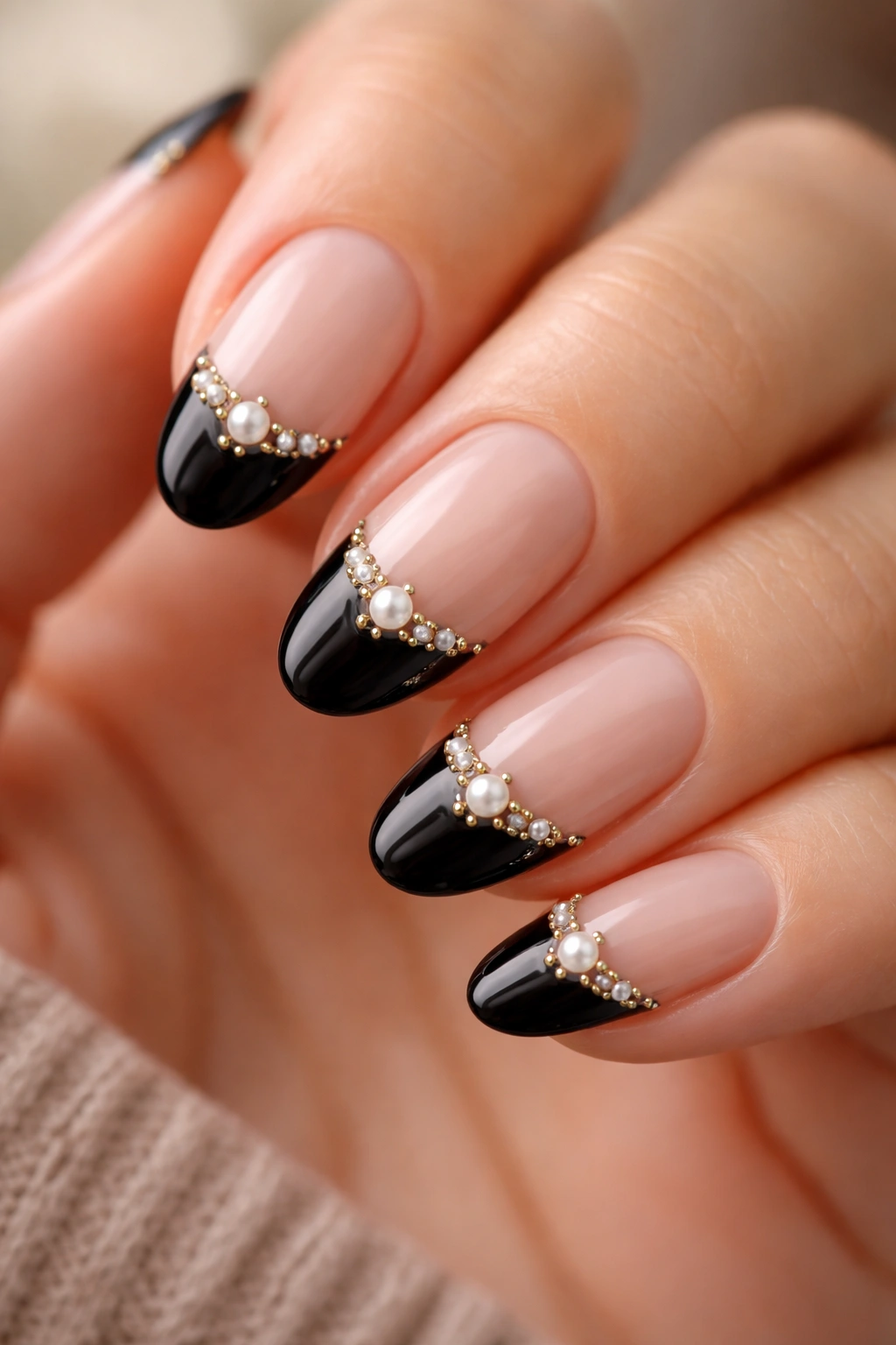 Pearl and stud embellishments on short almond nails with a pearl cluster at the base of the white tip.