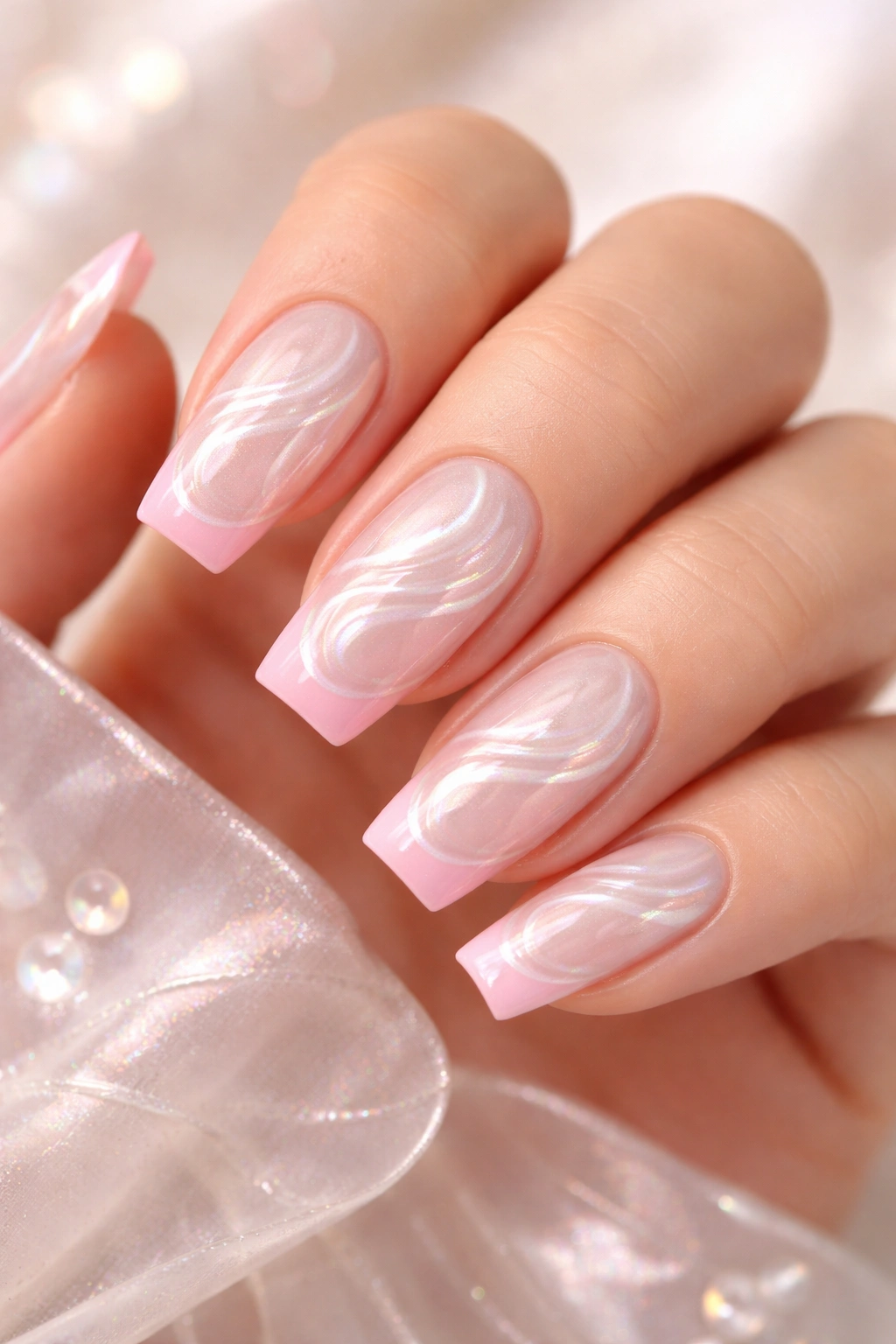 Close-up of pearl swirl nails with light pink base and iridescent swirls.