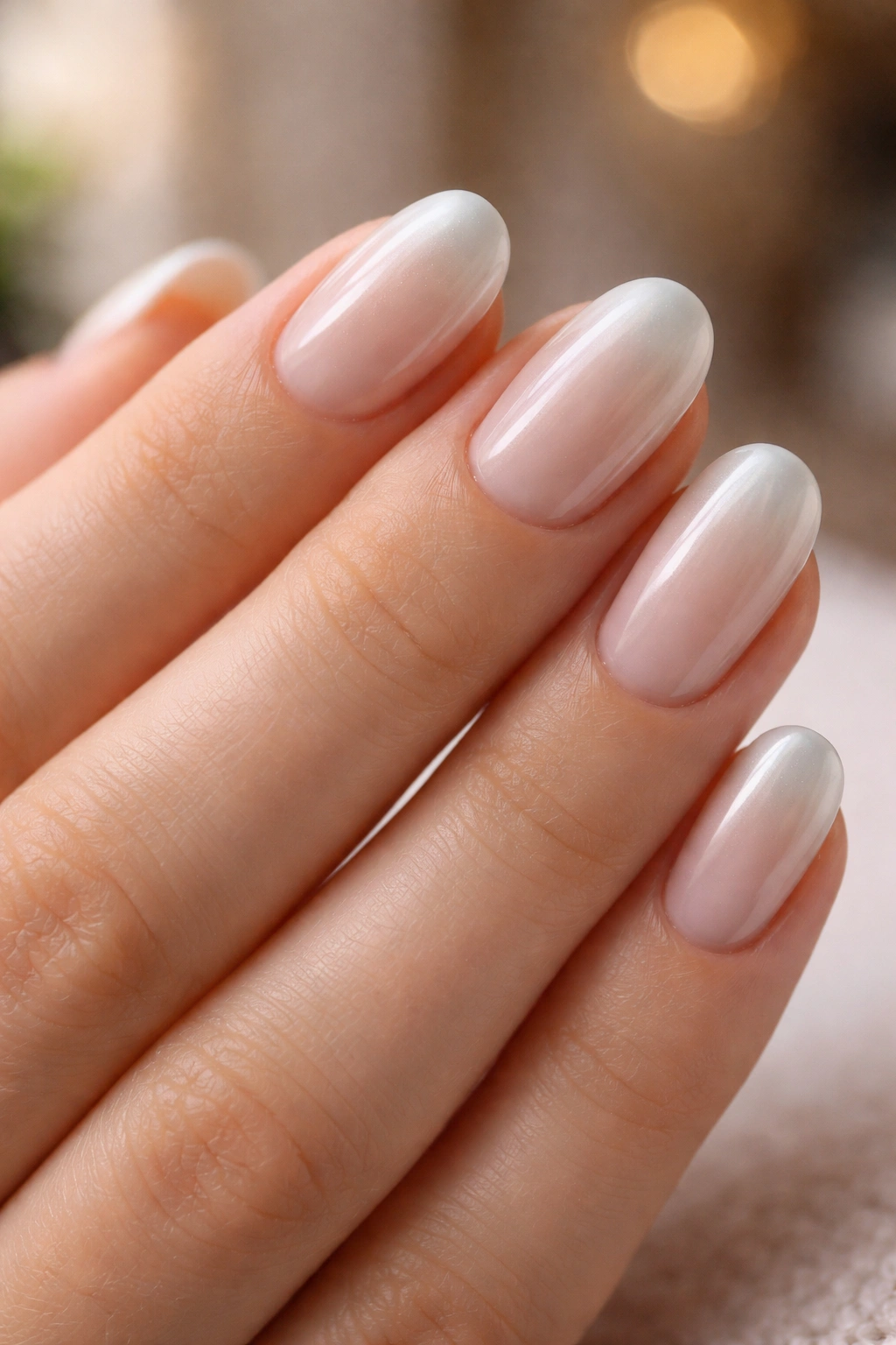 Short oval nails with soft pearl tips under daylight and night lighting
