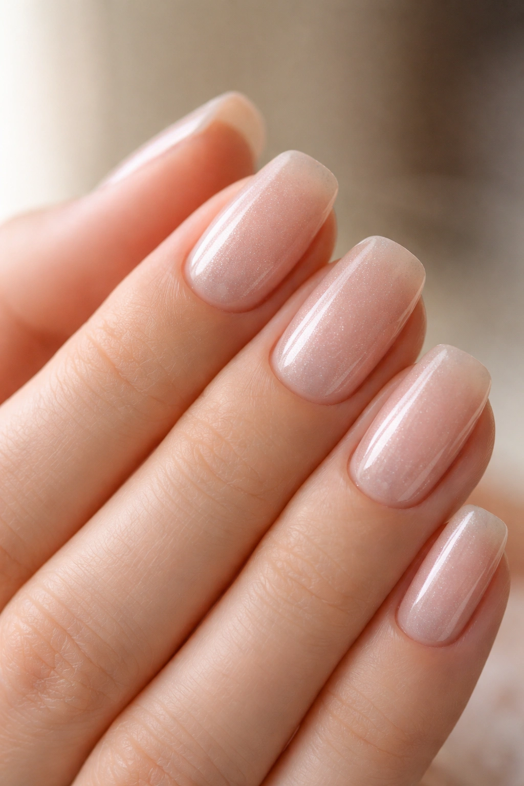 Close-up of hand with barely-visible pearl veil nude nails.