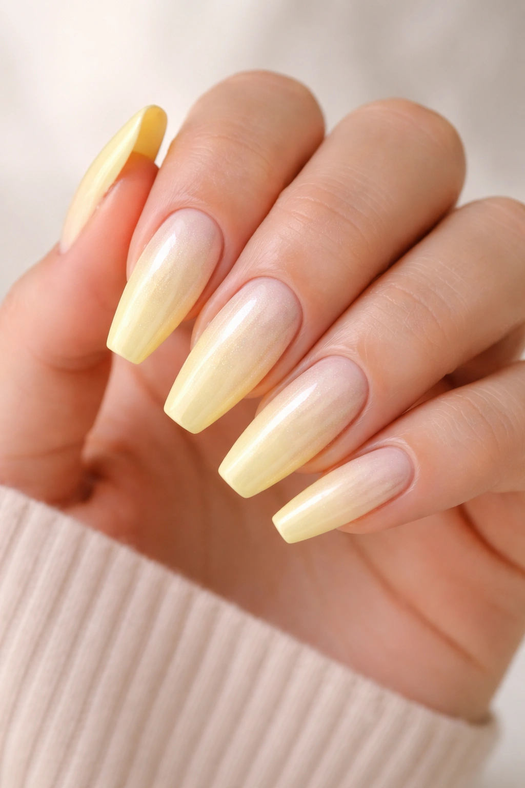 Close-up of pearl-washed pastel yellow ballerina nails with subtle iridescent glow on a hand, studio lighting.