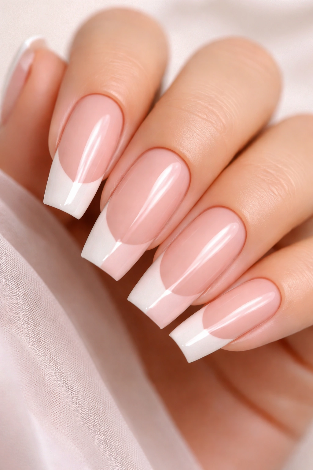 Close-up of split-tip nails with pearl white and soft blush pink on a nude base