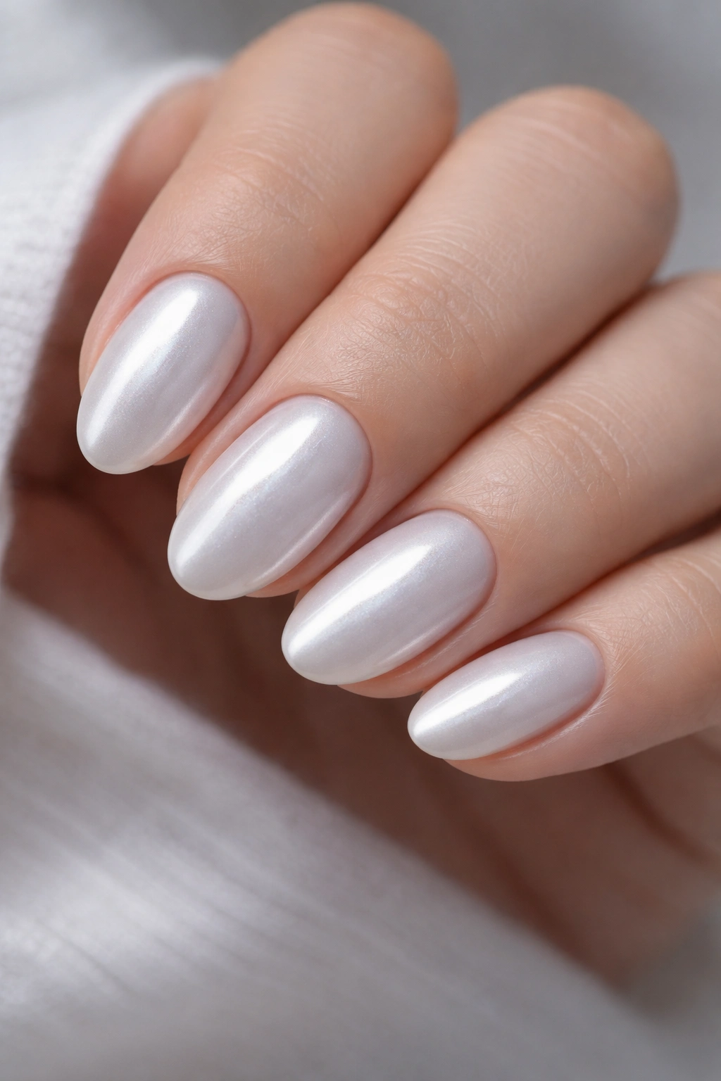 Close-up of short almond nails with glazed pearl white glaze and subtle cold chrome sheen