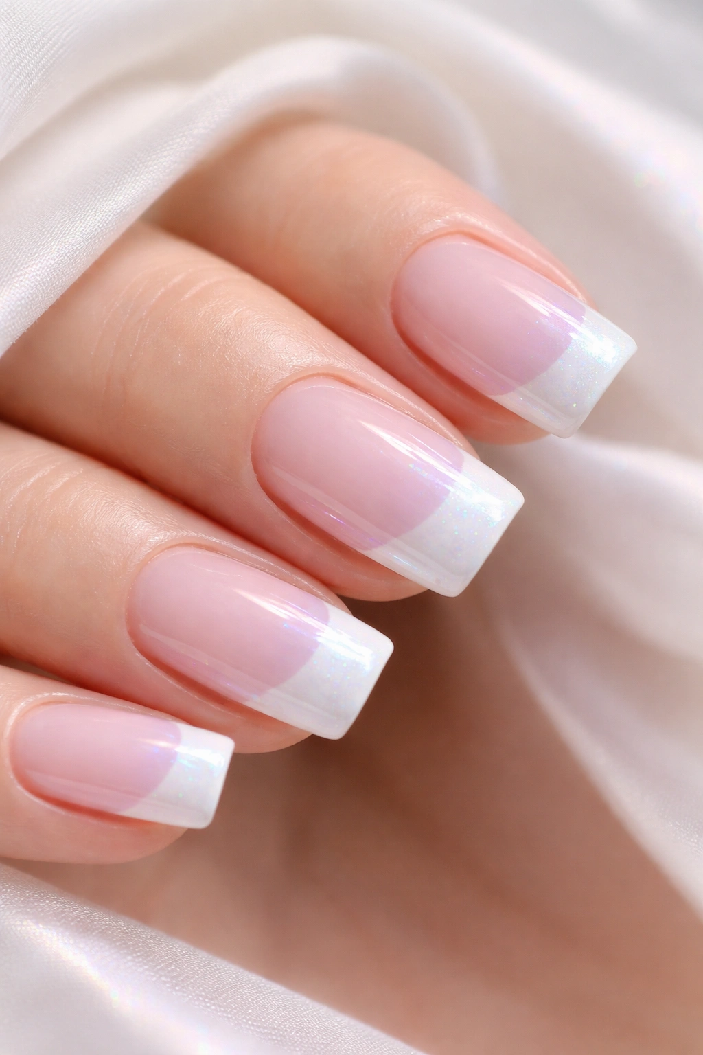 Close-up of pearl white French tips with iridescent finish on nails.