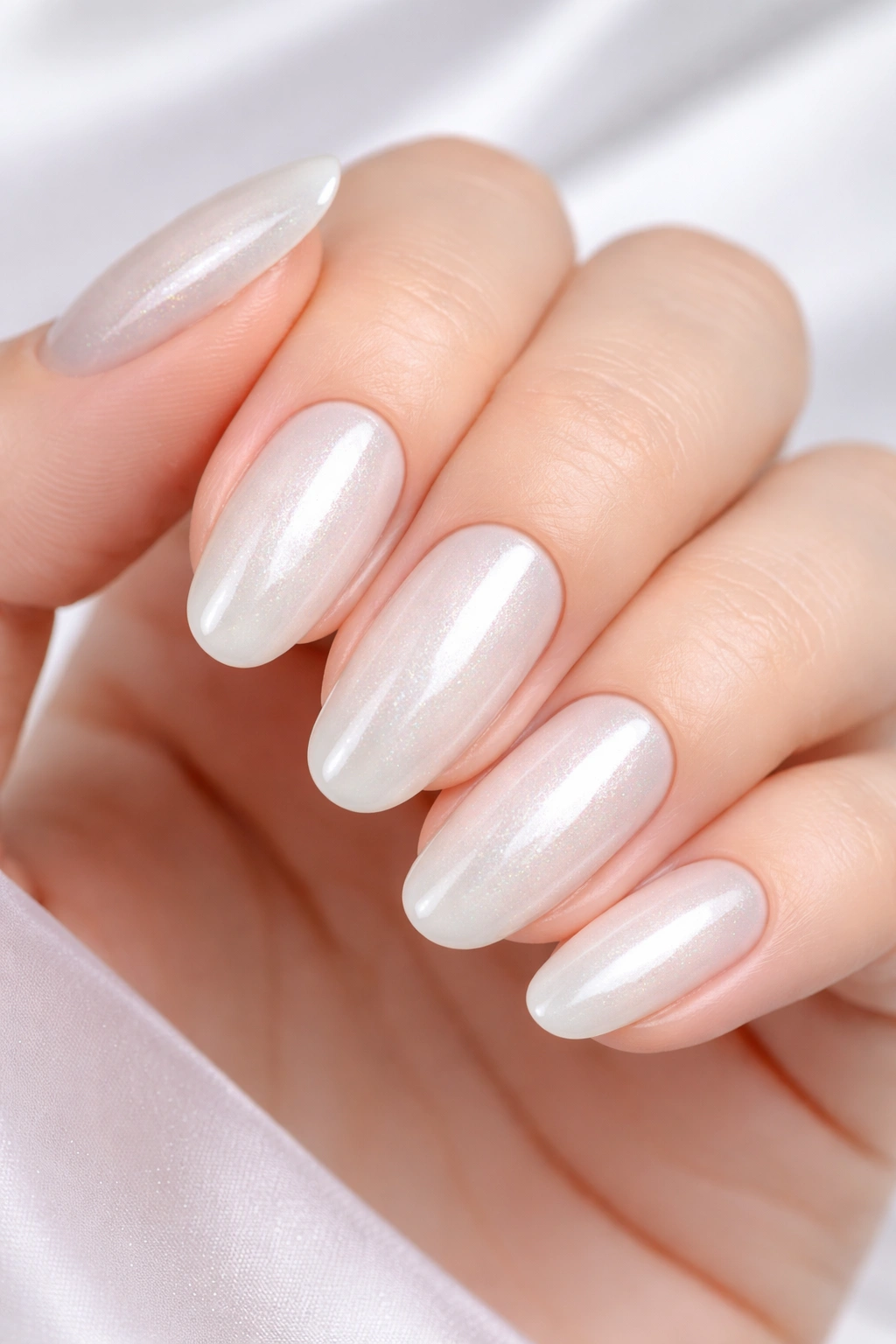 Close-up pearl white manicure with iridescent shimmer on nails