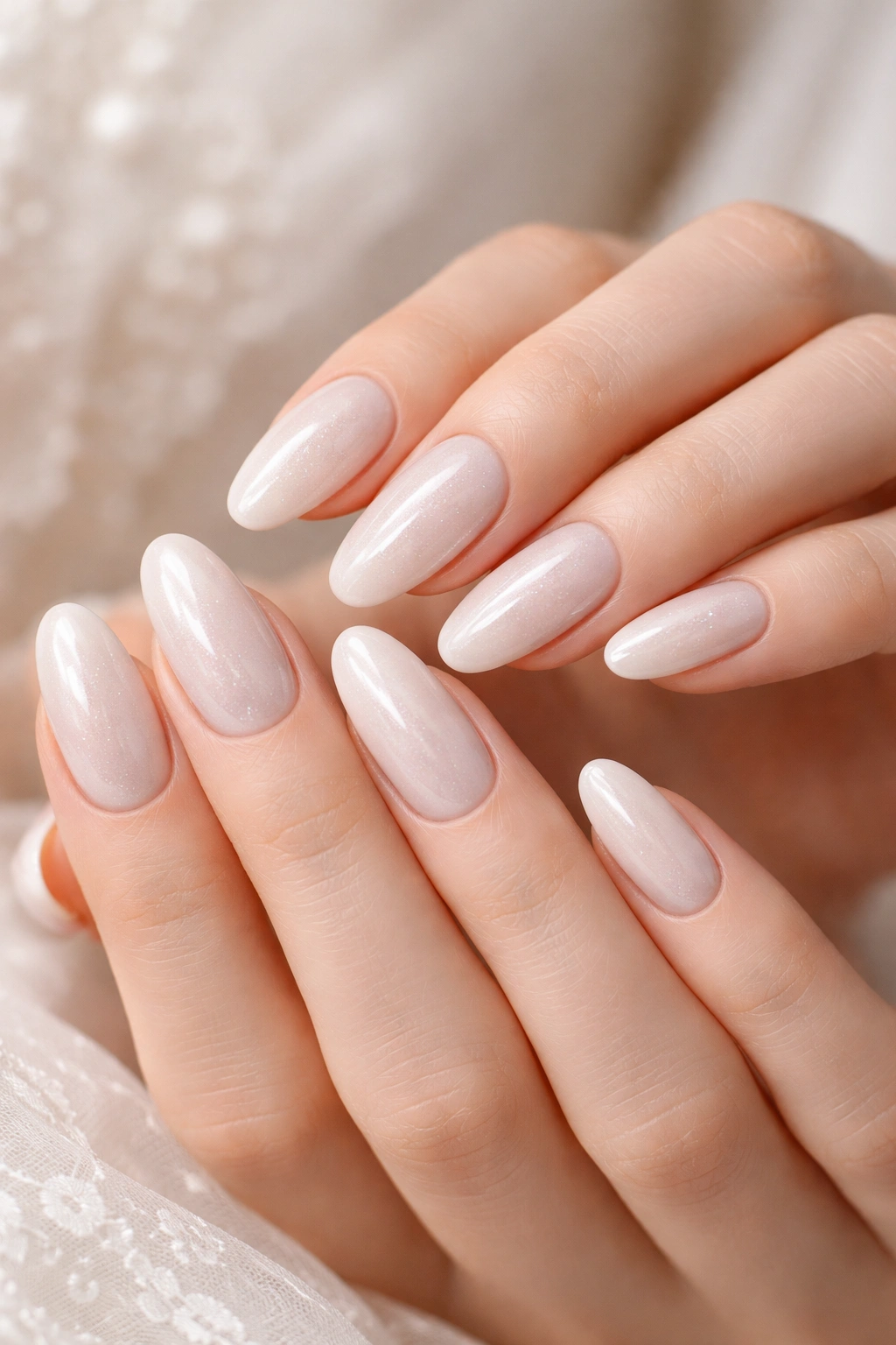 Long oval nails in pearl white with subtle shimmer
