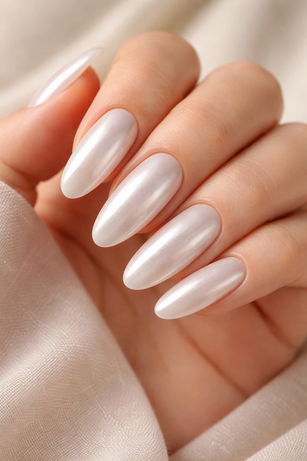 Pearl white oval nails with soft shimmer on a nude base