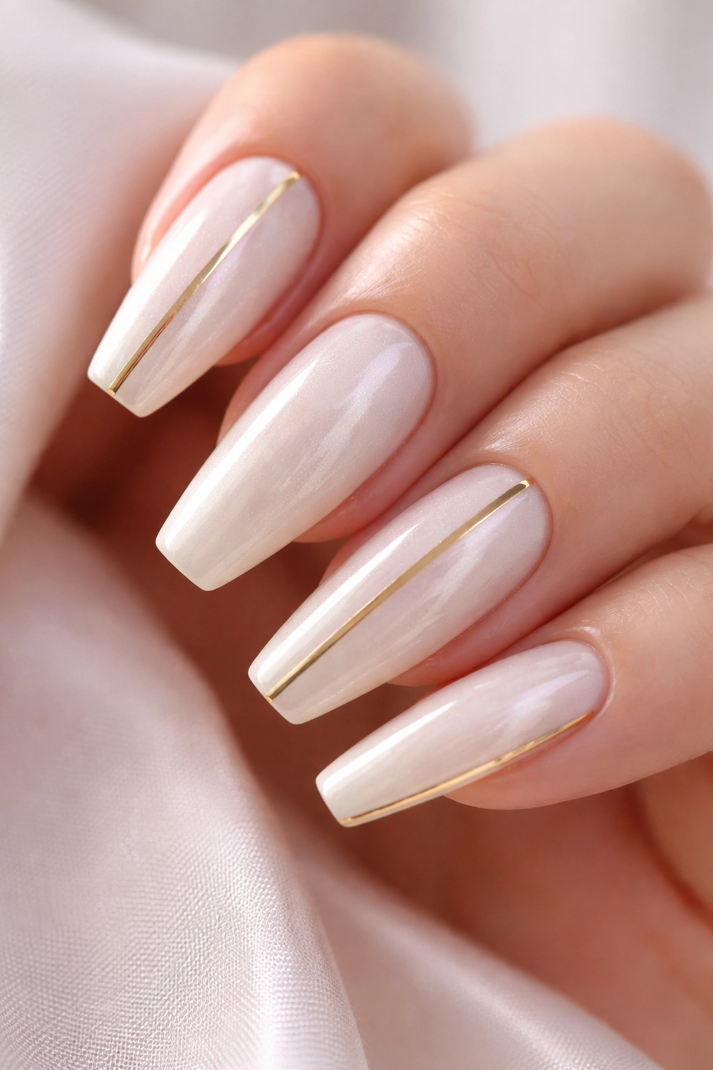 Close-up of pearl white ballerina nails with fine gold linework