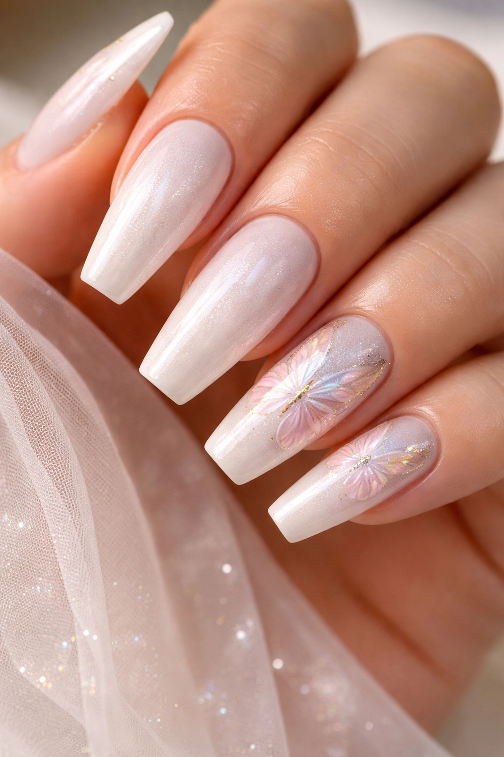 Pearl white nails with iridescent butterfly wings on accent nails