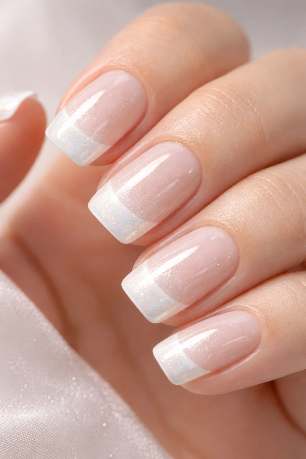 Close-up of short squoval nails with pearl-white tips and subtle shimmer