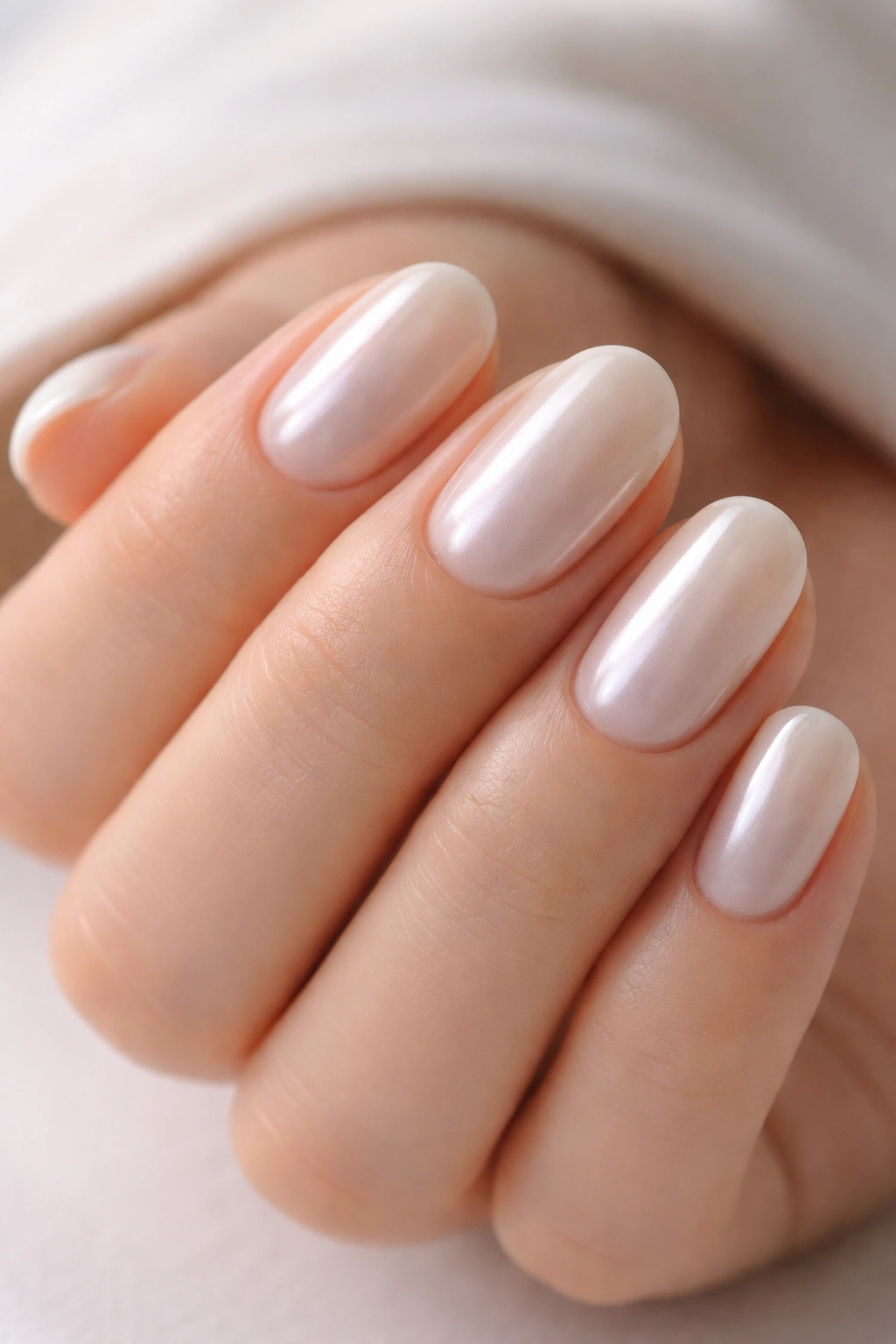 Close-up of short oval nails with pearl white base and soft chrome sheen
