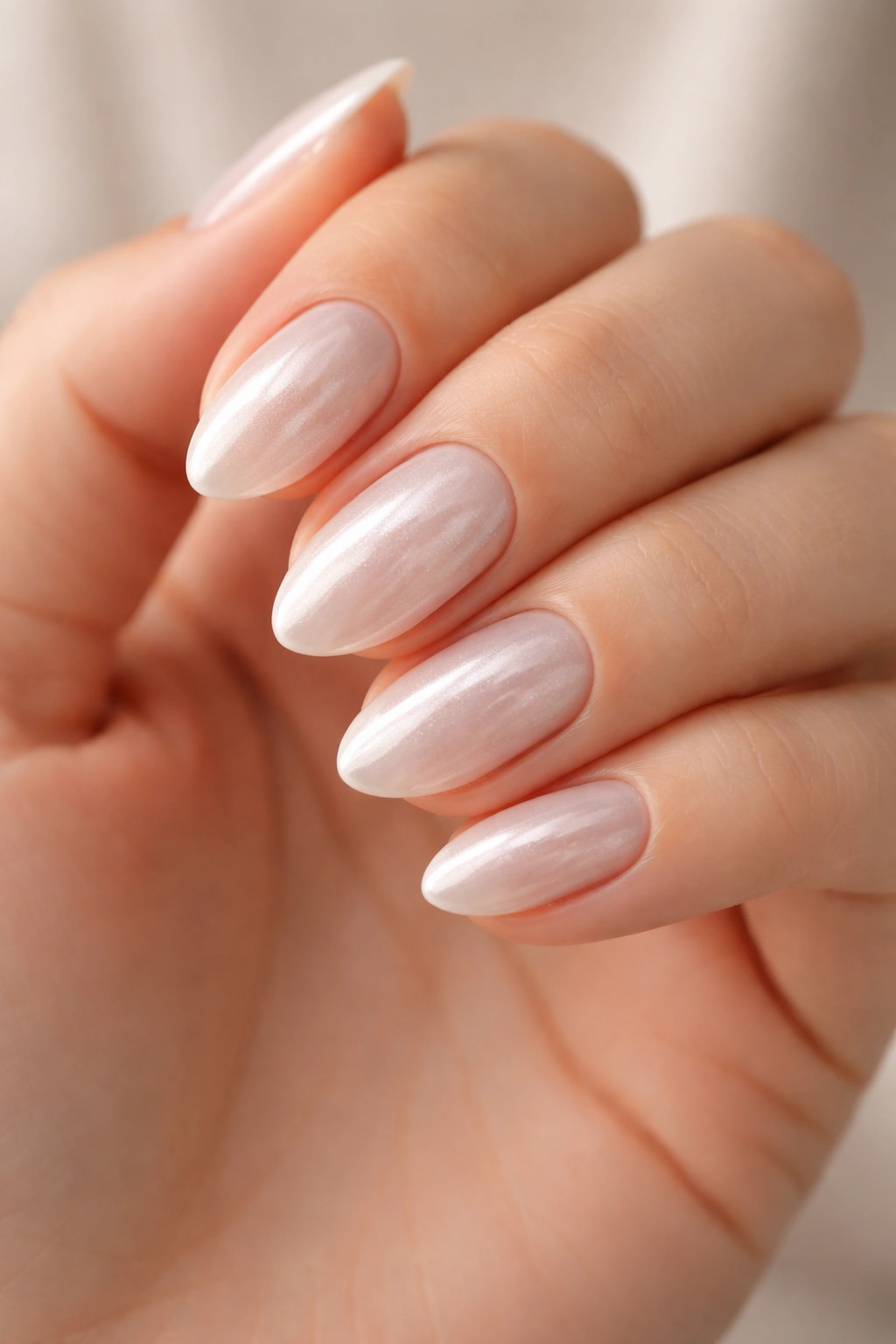 Short almond nails with sheer pearl white finish reflecting light