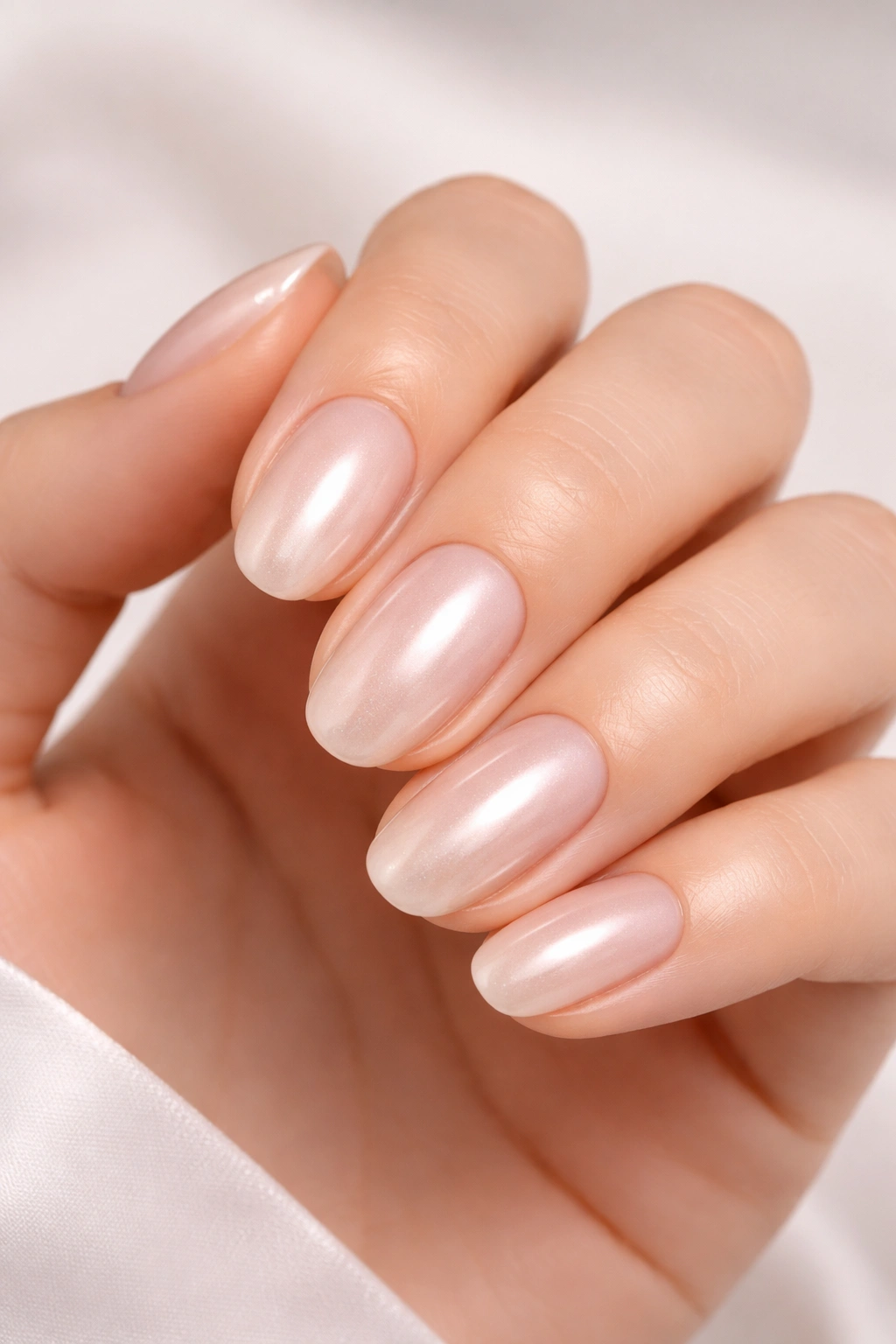 Close-up of nails with pearlescent shimmer over nude base, soft glow.