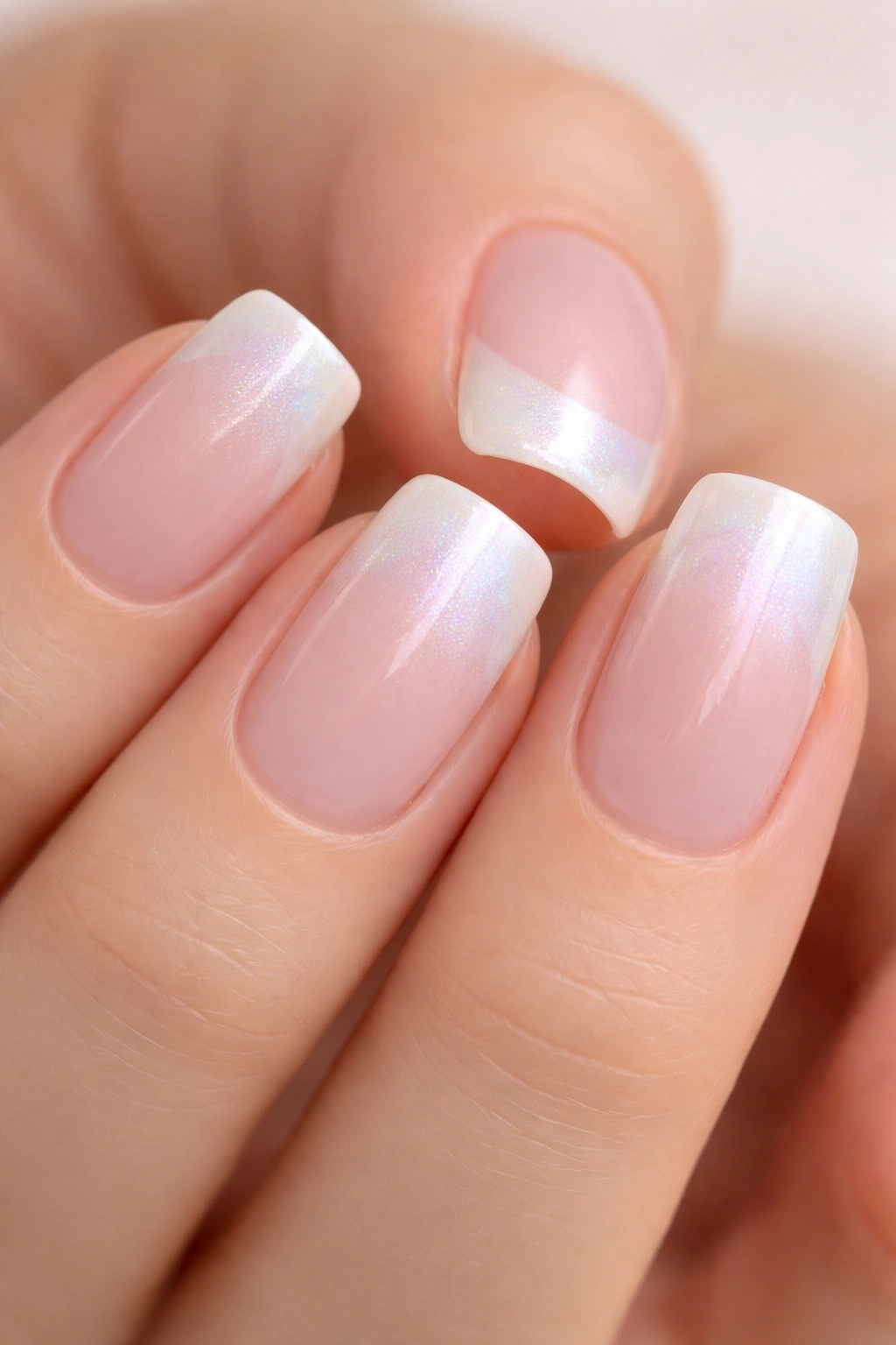 Close-up of squoval nail with pearlescent tip and iridescent shimmer