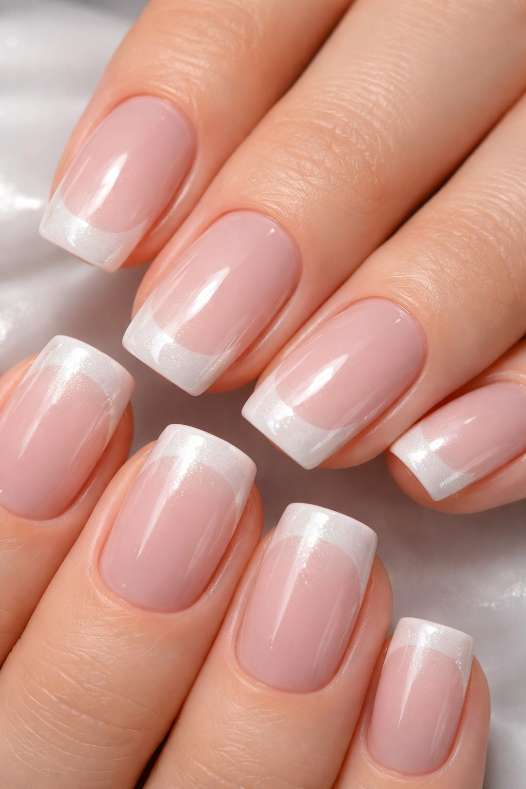 Nails with pearlescent white tips and gentle shimmer