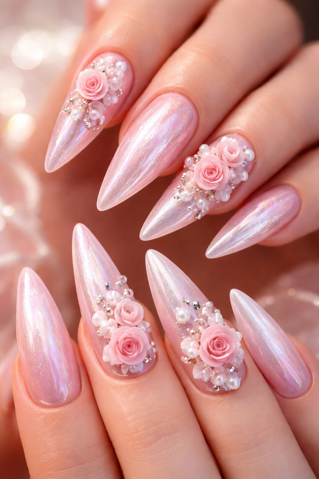 Pearlescent pink nails with 3D floral accents