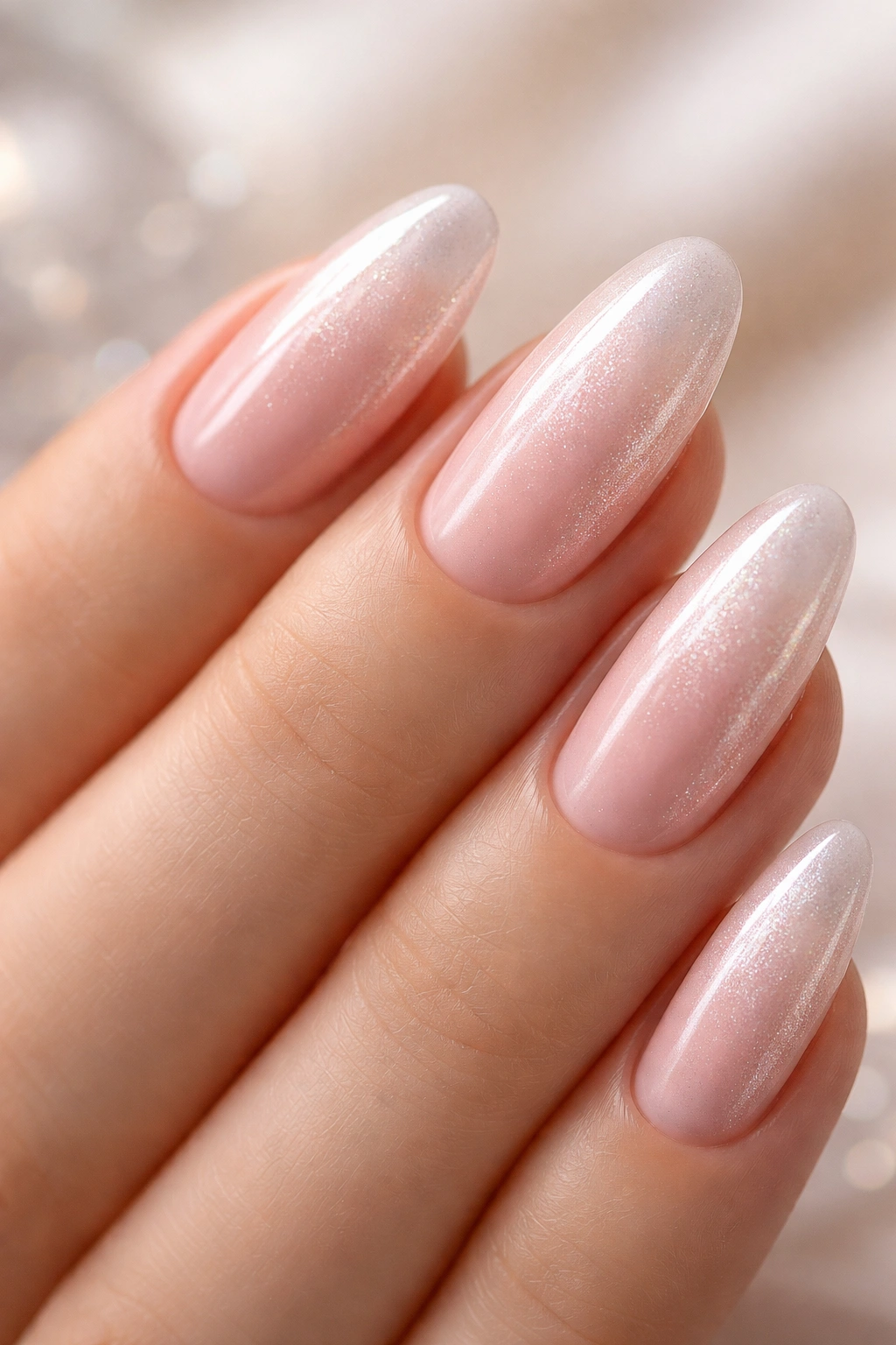 Nude nails with pearlescent shimmer under soft light