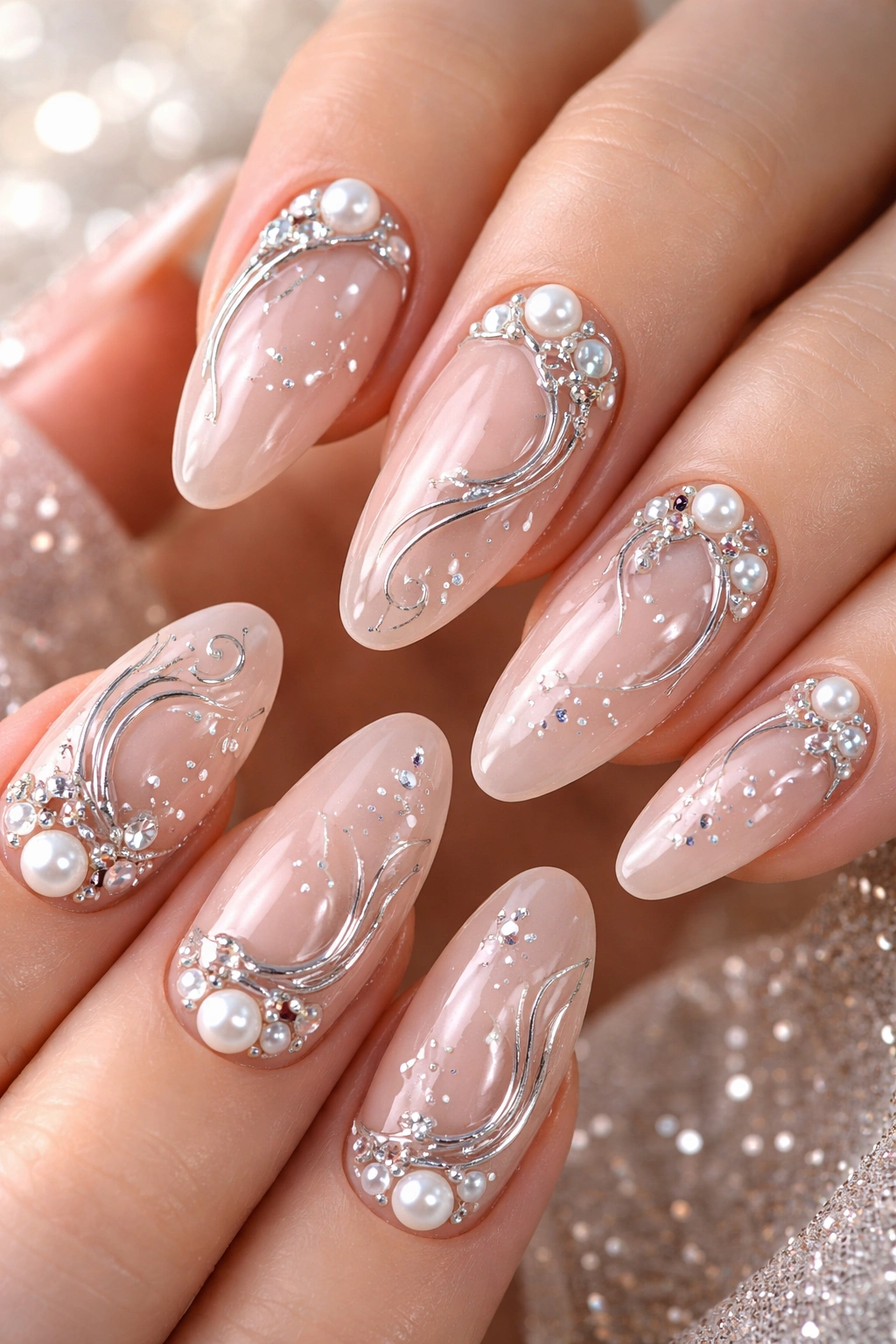 Nude/pink nails with small pearls and 3D chrome embellishments