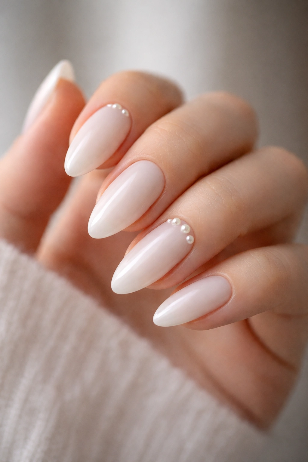 Almond nails with milky white base and tiny pearl accents